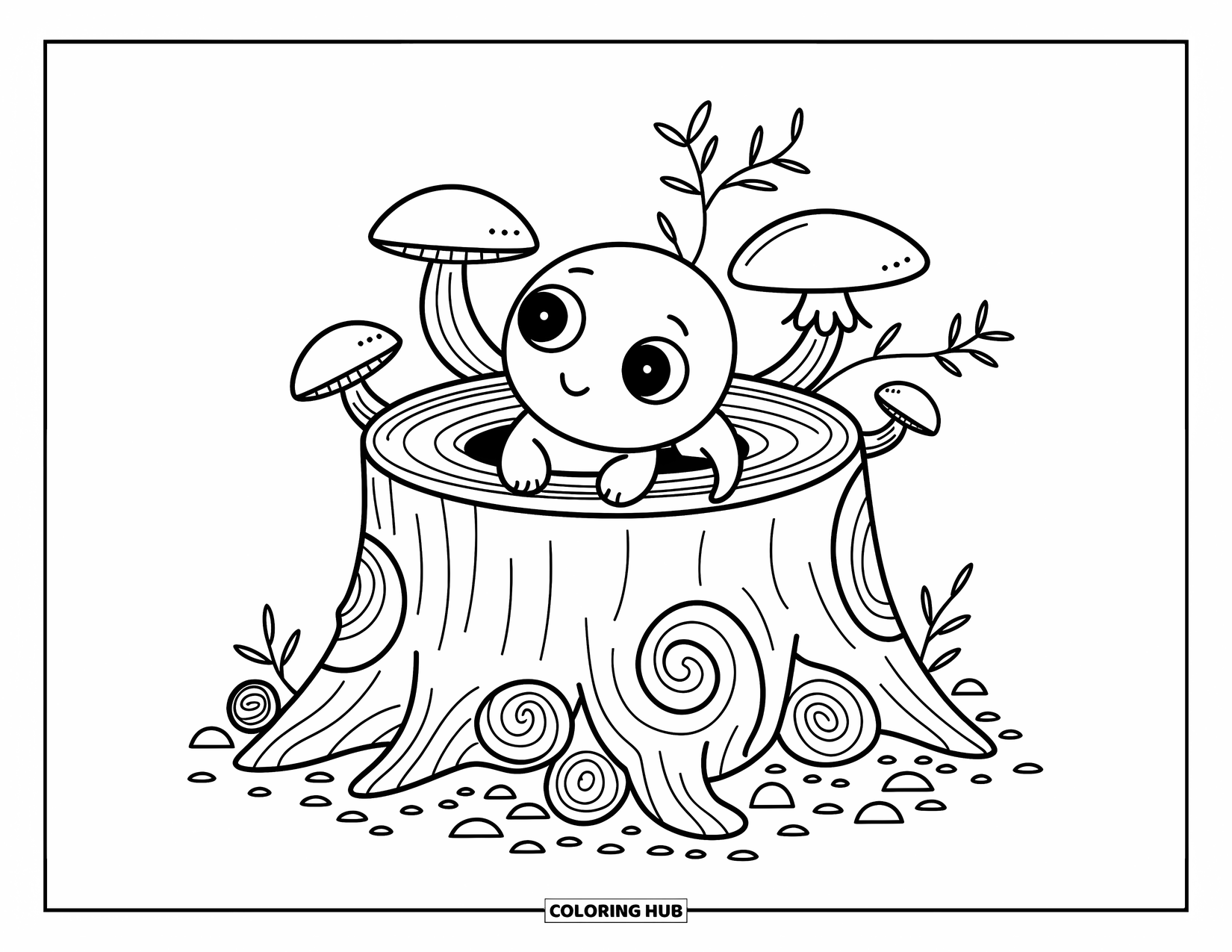 Lizard Coloring Page for Adults: A curious lizard peeks into a tree stump surrounded by mushrooms and leafy tendrils