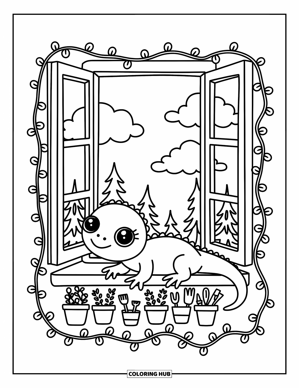 Lizard Coloring Page for Adults: A cute lizard explores a windowsill garden with potted plants and hanging ivy