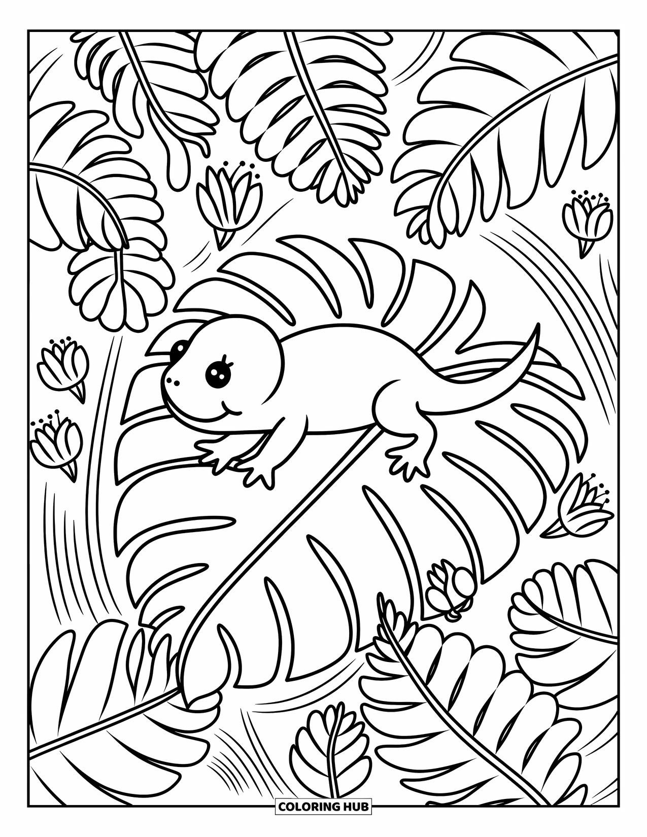 Lizard Coloring Page for Adults: A cute lizard rests on a tropical leaf with tiny snails and soft flower buds