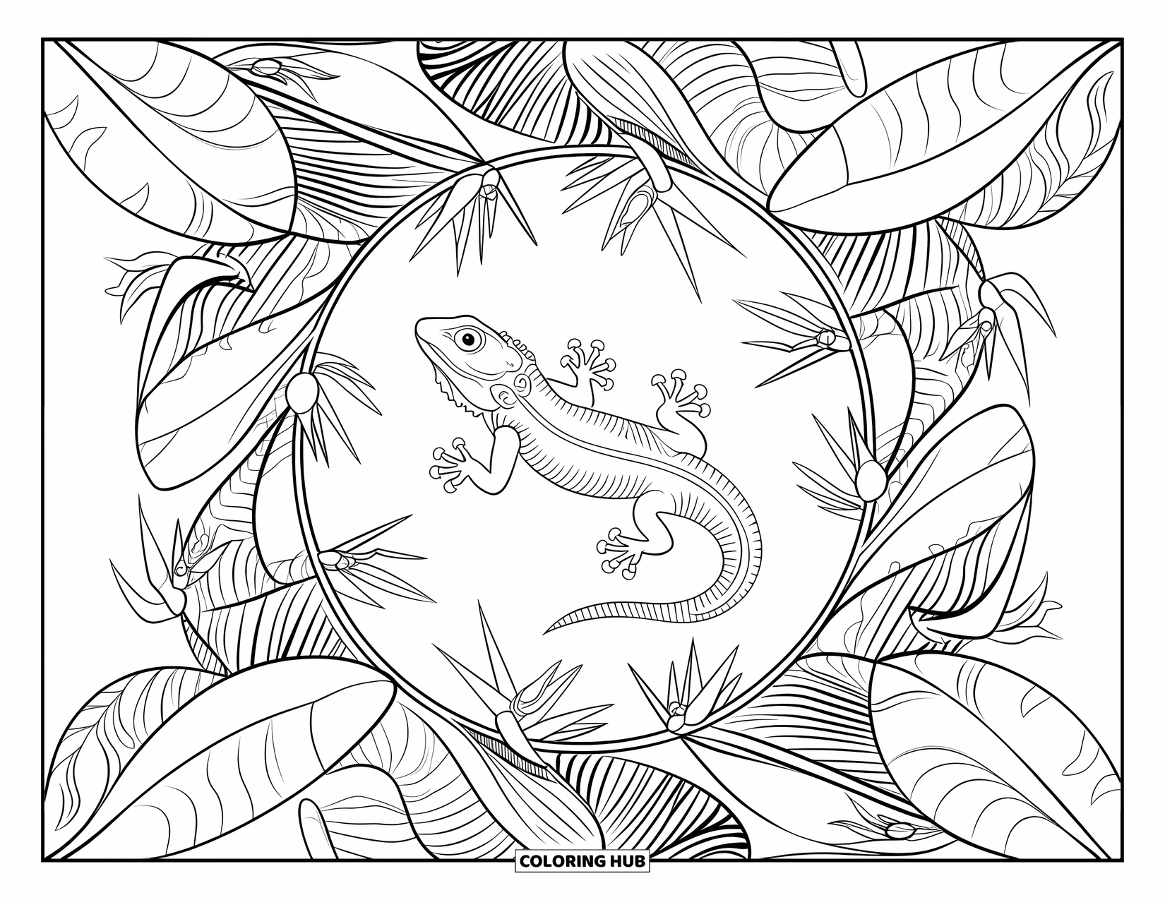 Lizard Coloring Page for Adults: A detailed circle of tropical leaves and birds surrounds a central resting lizard