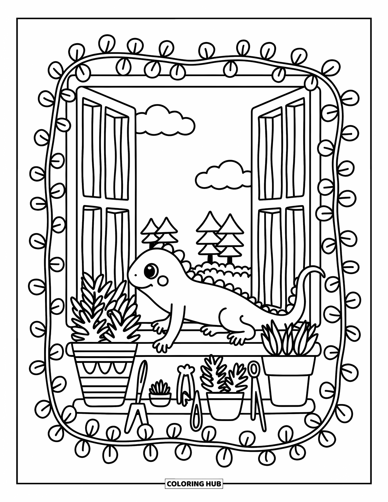 Lizard Coloring Page for Adults: A little lizard crawls across a windowsill with plants, tools, and tiny ivy vines