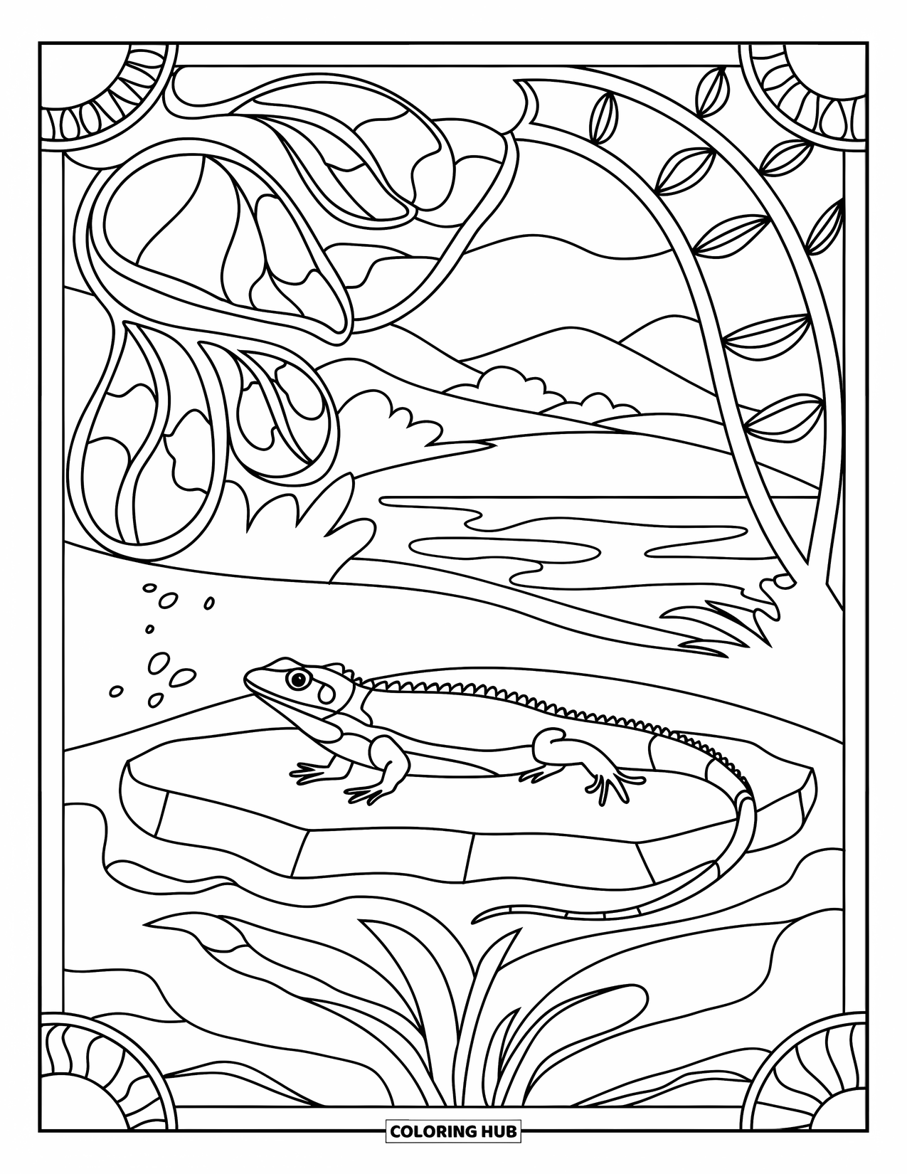 Lizard Coloring Page for Adults: A lizard basks on a stone framed by stained-glass leaves and vines