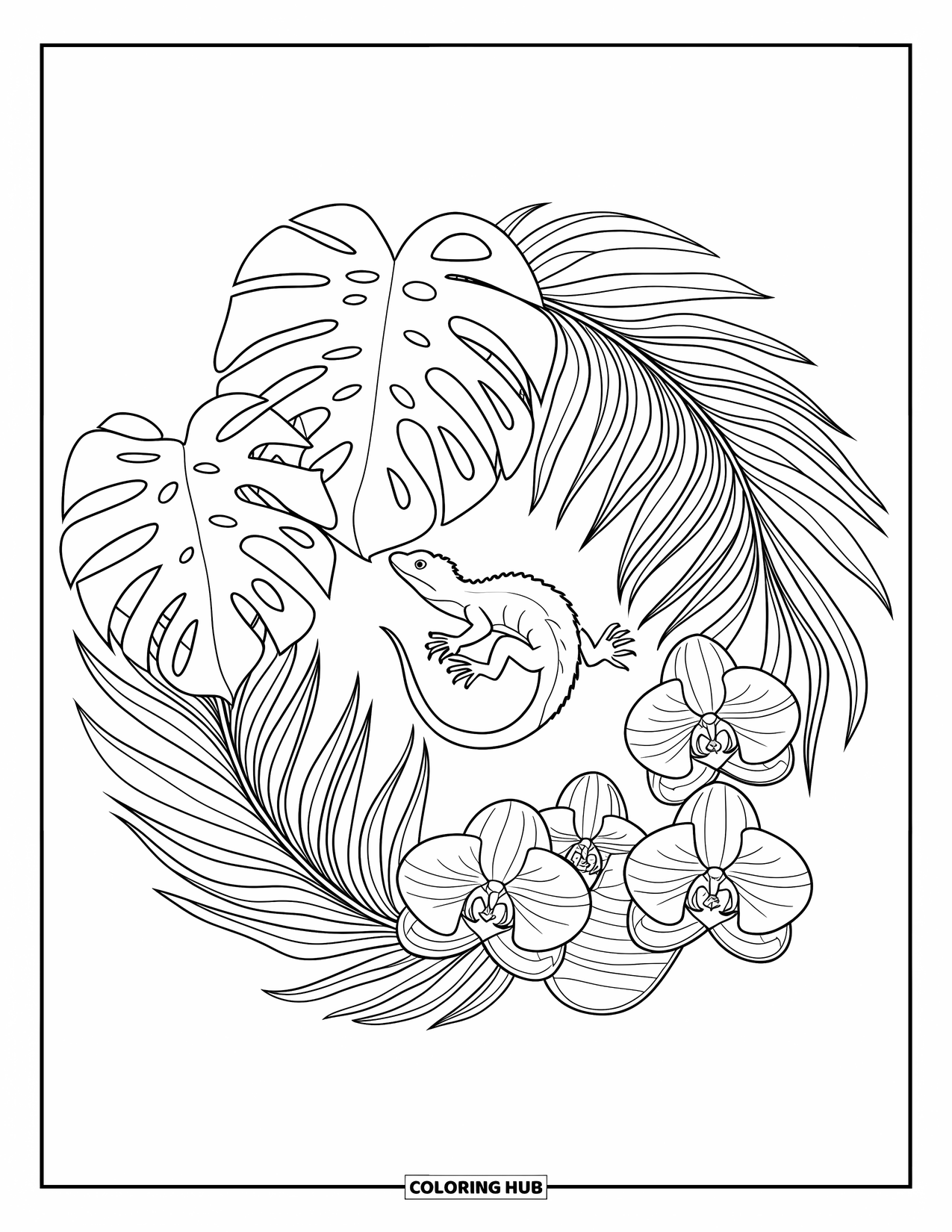 Lizard Coloring Page for Adults: A lizard curls up in the center of a round botanical design of tropical leaves