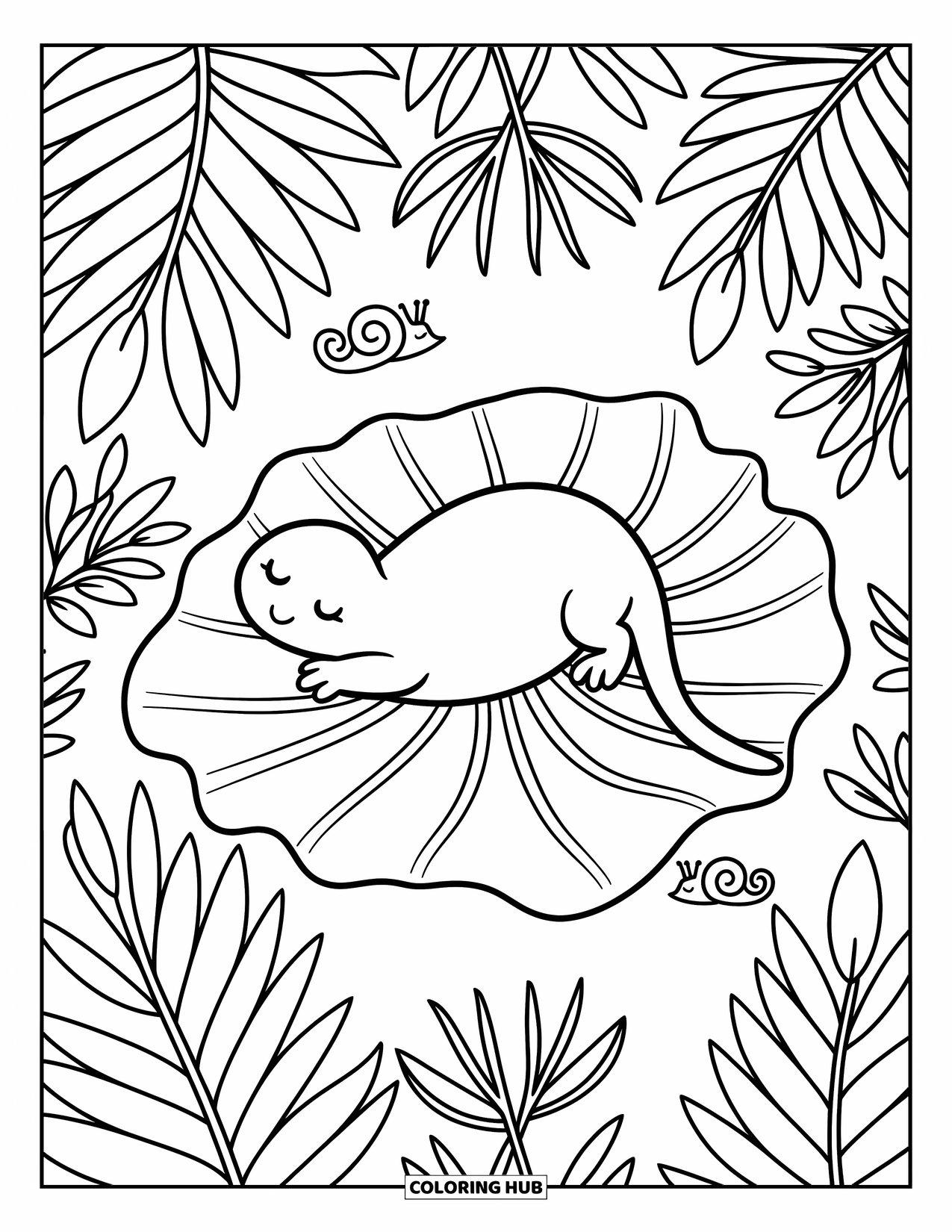 Lizard Coloring Page for Adults: A lizard curls up on a tropical leaf with snails, ferns, and flowers nearby
