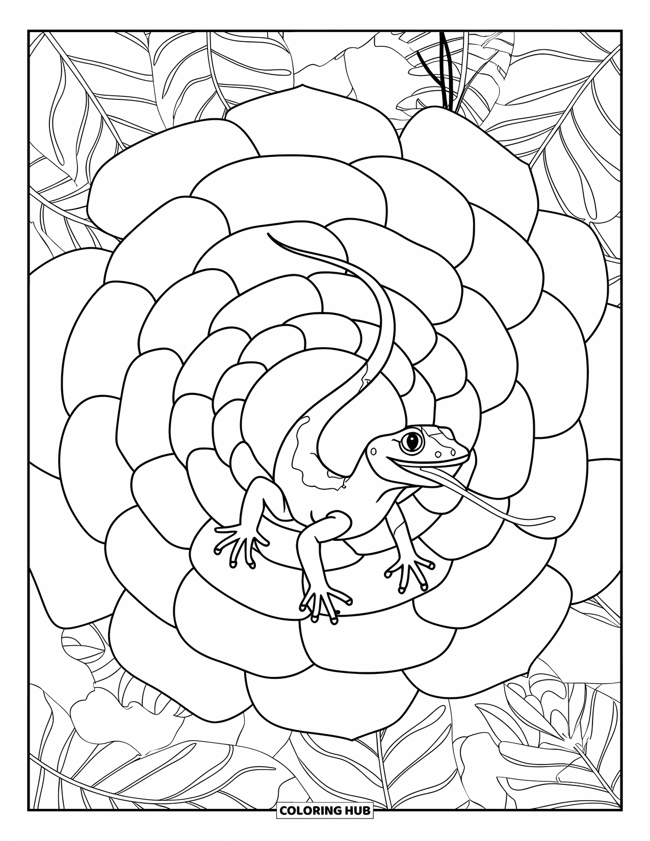 Lizard Coloring Page for Adults: A lizard flicks its tongue inside a tropical mandala of petals and vines
