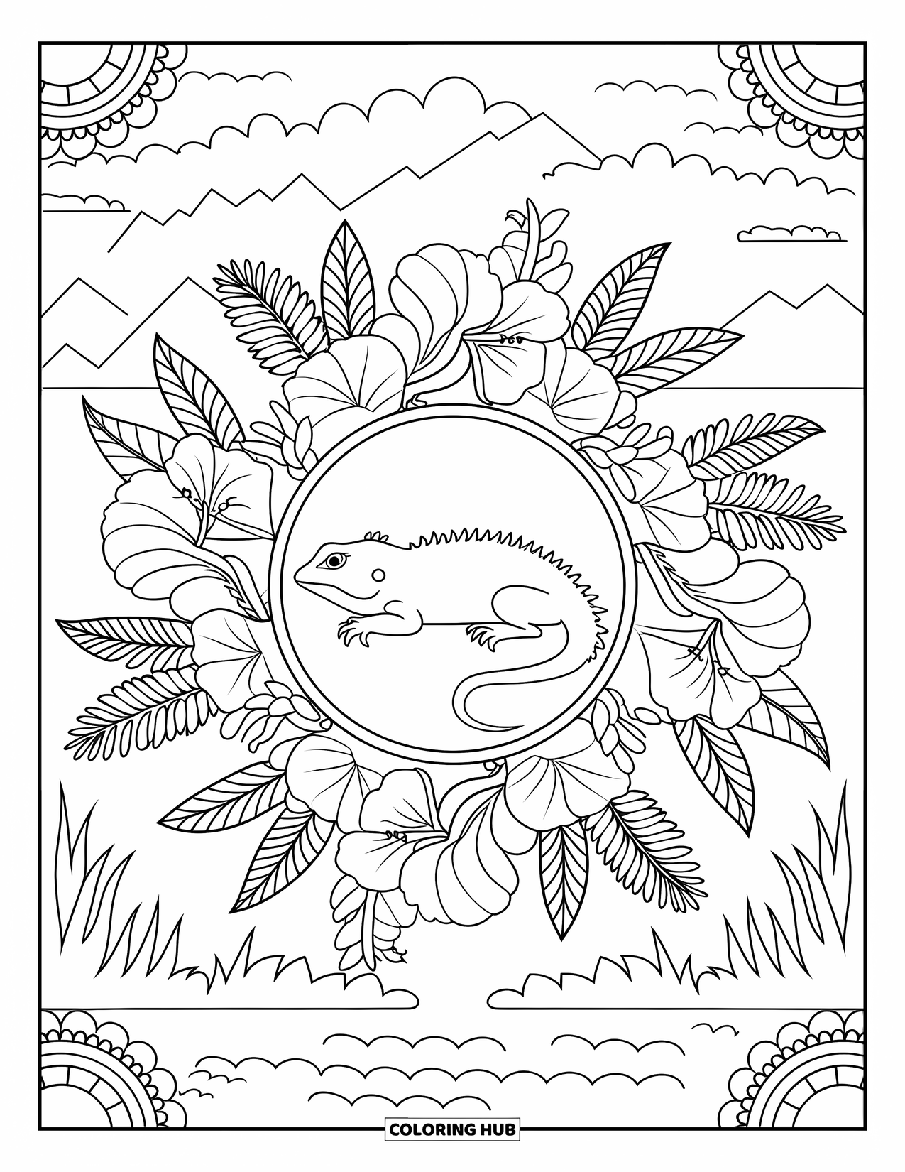 Lizard Coloring Page for Adults: A lizard lies peacefully in the center of a tropical mandala with a calm background