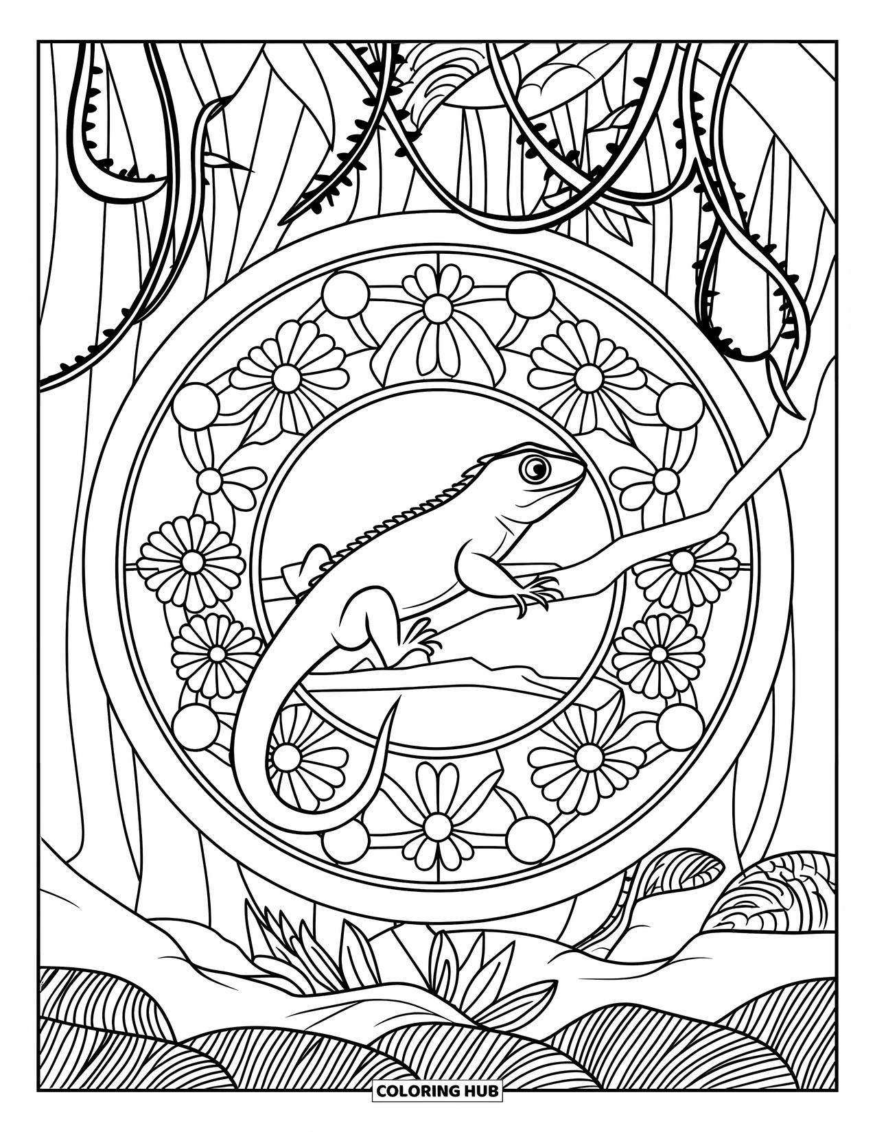 Lizard Coloring Page for Adults: A lizard perches on a branch surrounded by jungle vines and stained-glass flowers