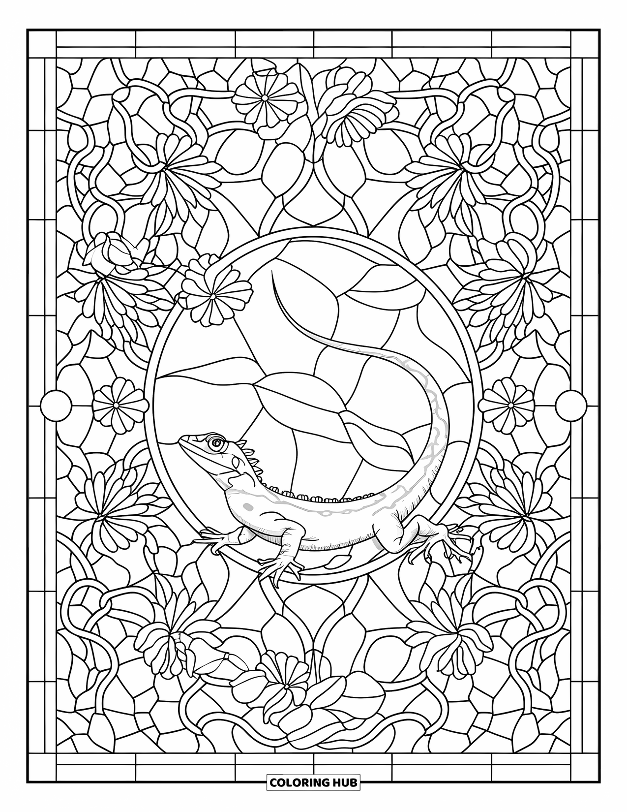 Lizard Coloring Page for Adults: A lizard rests in the center of a floral glass-style jungle pattern