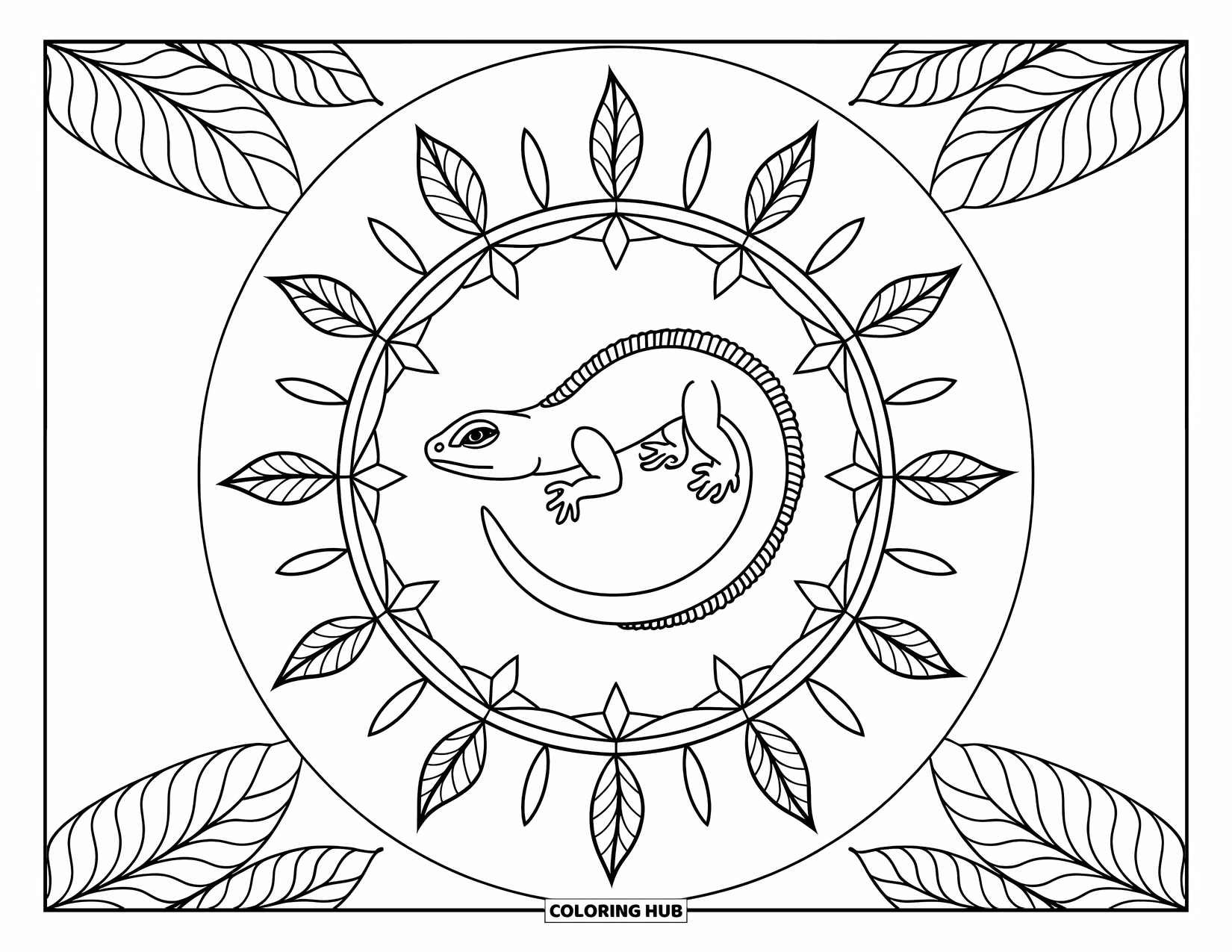Lizard Coloring Page for Adults: A lizard rests in the center of a leafy mandala framed by a white circle