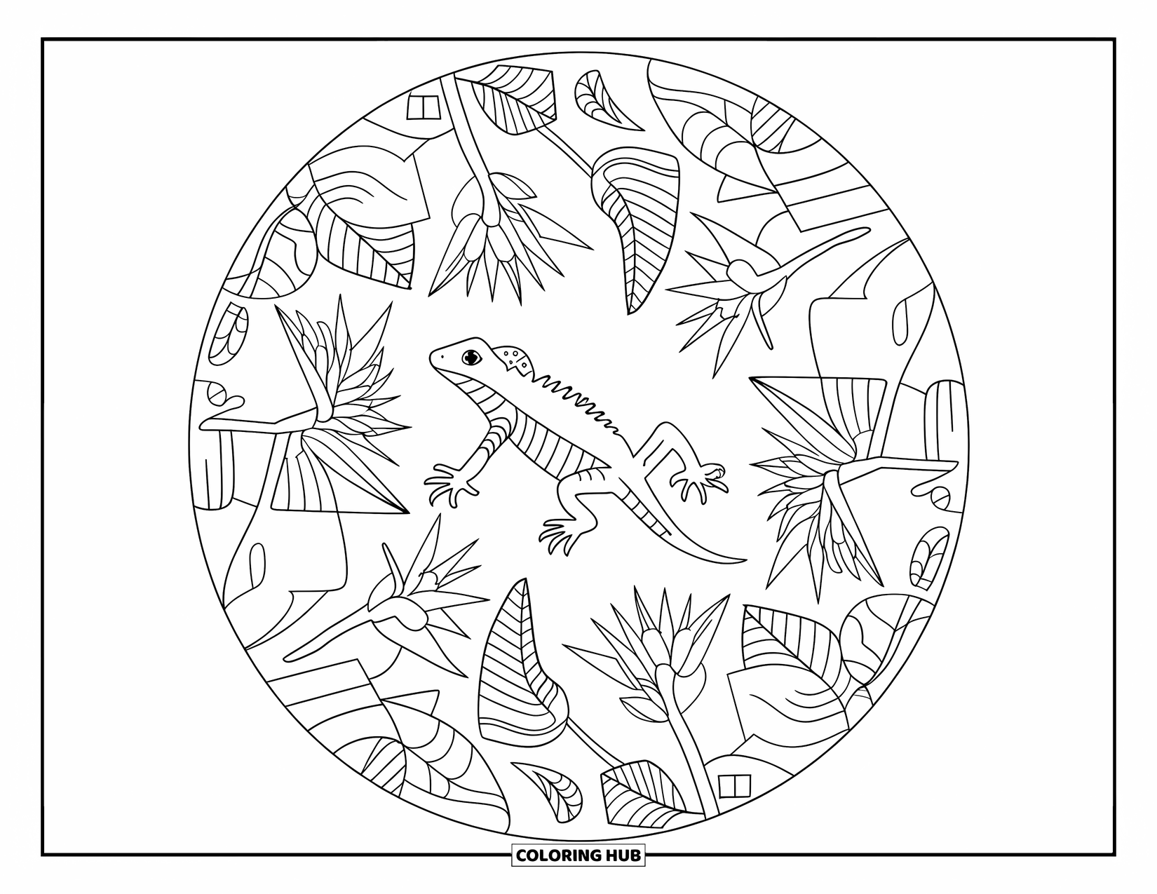 Lizard Coloring Page for Adults: A lizard sits in the middle of a tropical mandala with big leafy shapes