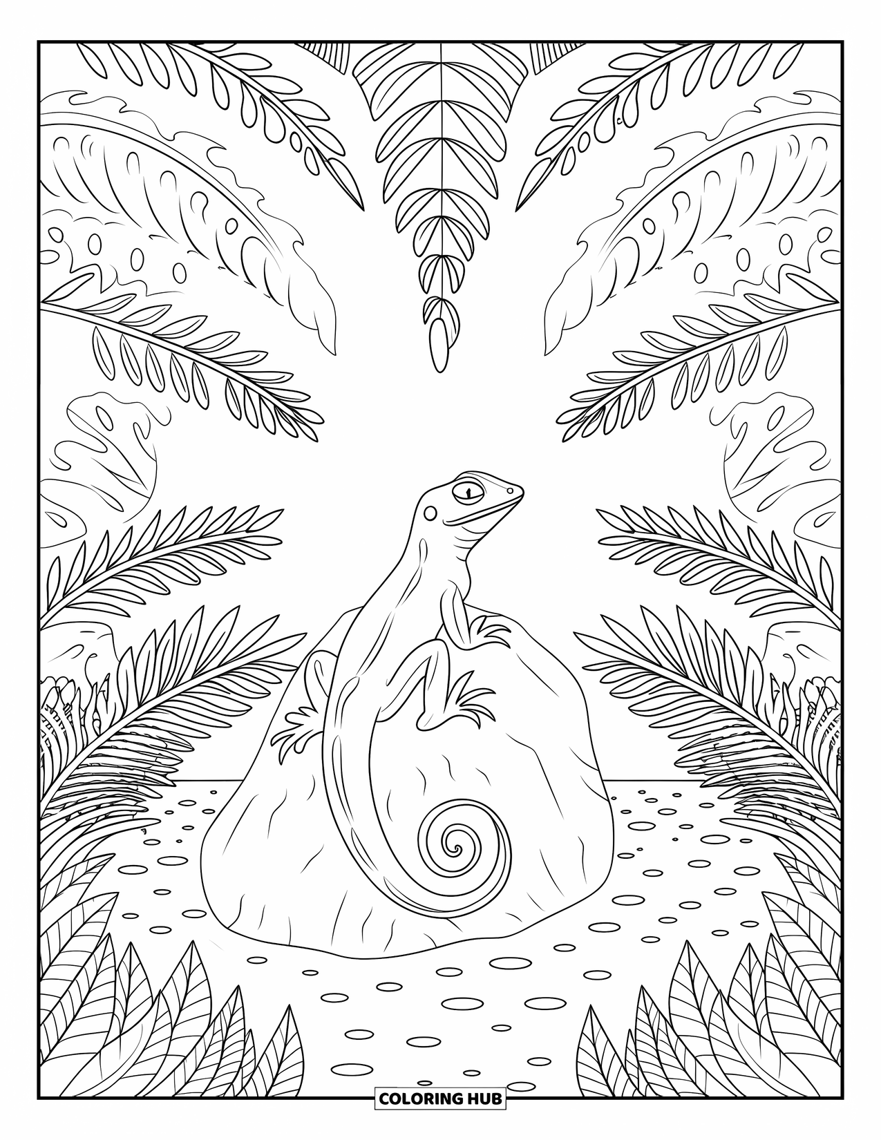 Lizard Coloring Page for Adults: A lizard sits on a textured rock surrounded by palms, ferns, and pebbles