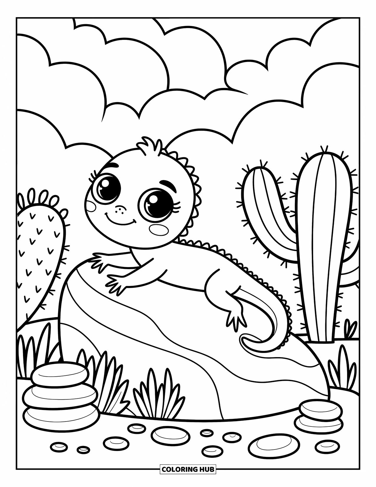 Lizard Coloring Page for Adults: A playful lizard relaxes on a warm rock surrounded by desert blooms and pebbles