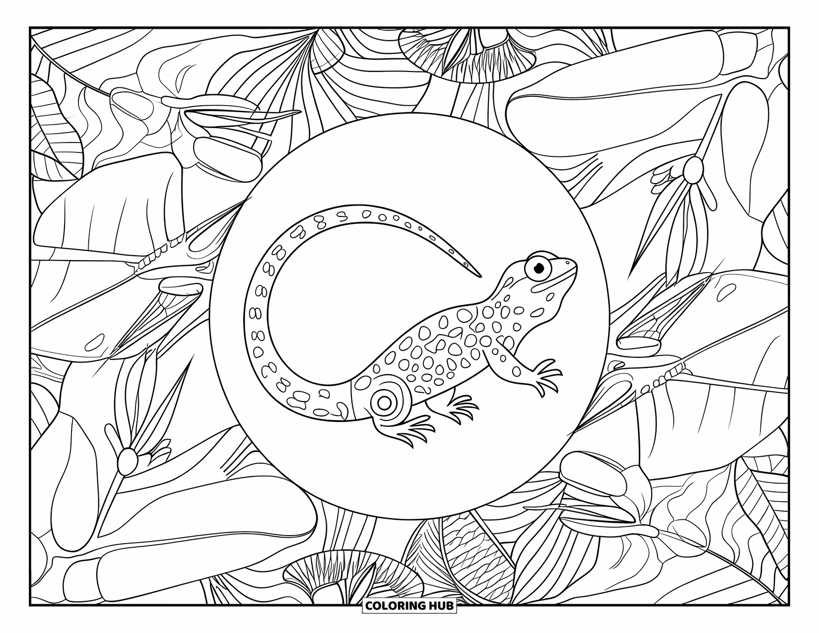 Lizard Coloring Page for Adults: A rainforest circle surrounds a calm lizard resting at the center