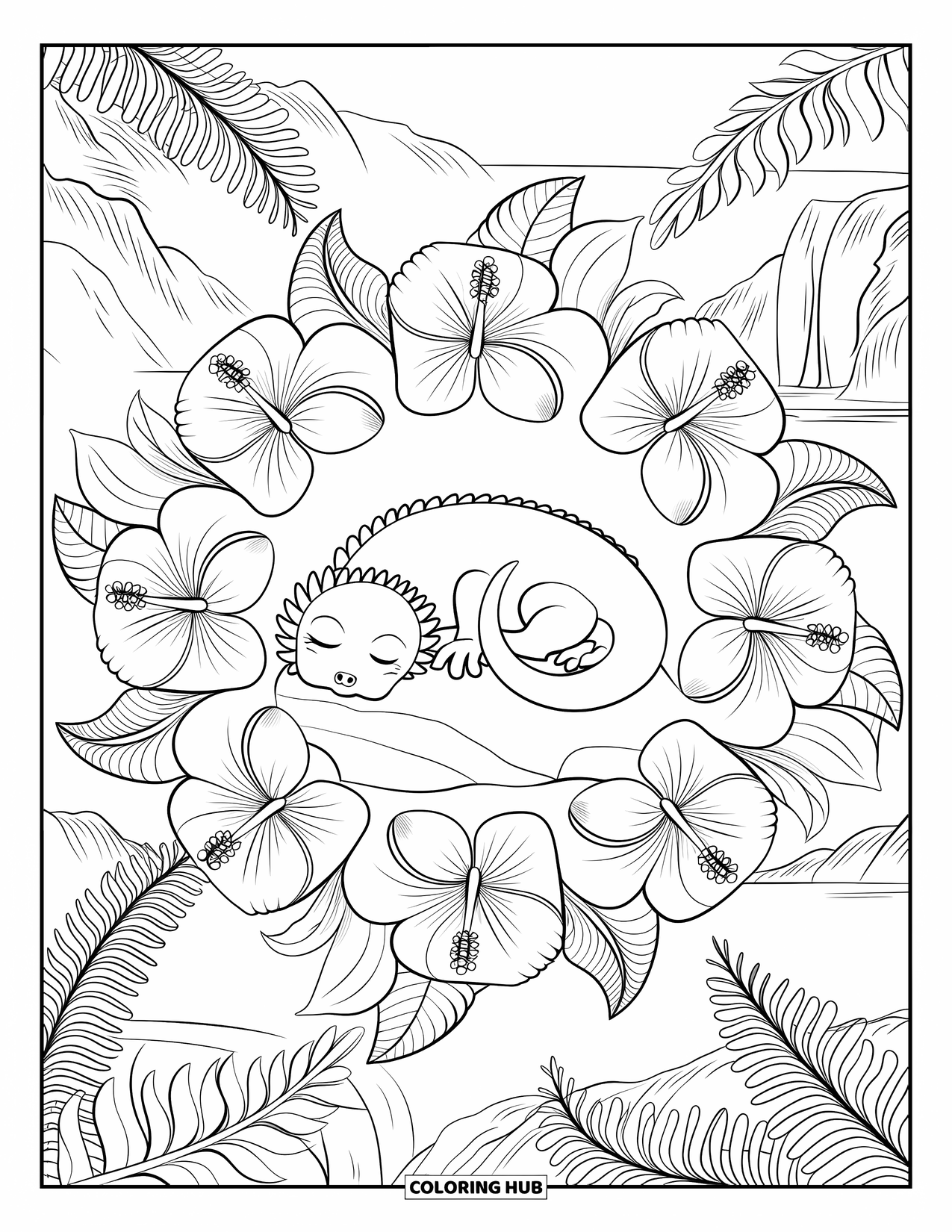 Lizard Coloring Page for Adults: A relaxed lizard curls on a rock surrounded by hibiscus, banana leaves, and ferns