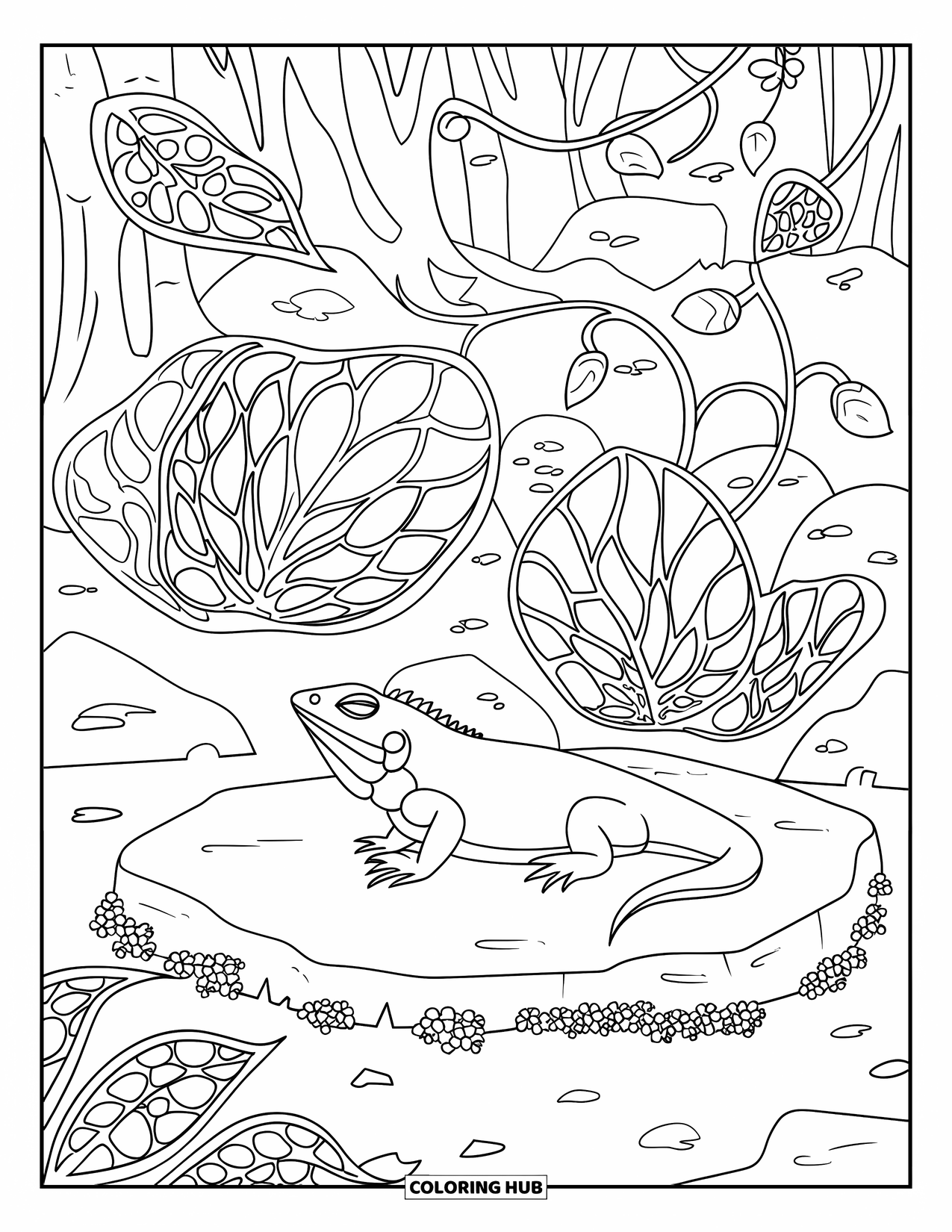 Lizard Coloring Page for Adults: A sleepy lizard lies on a mossy stone with vines and leafy patterns around