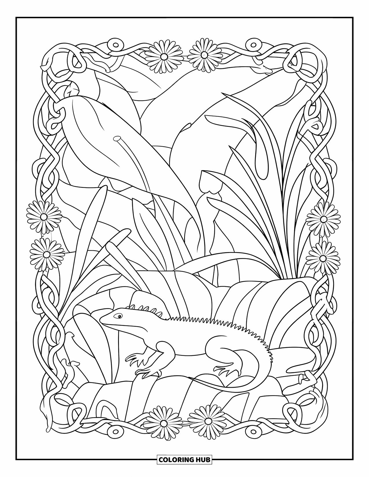 Lizard Coloring Page for Adults: A still lizard sits amid flowers and vines in a detailed jungle mandala