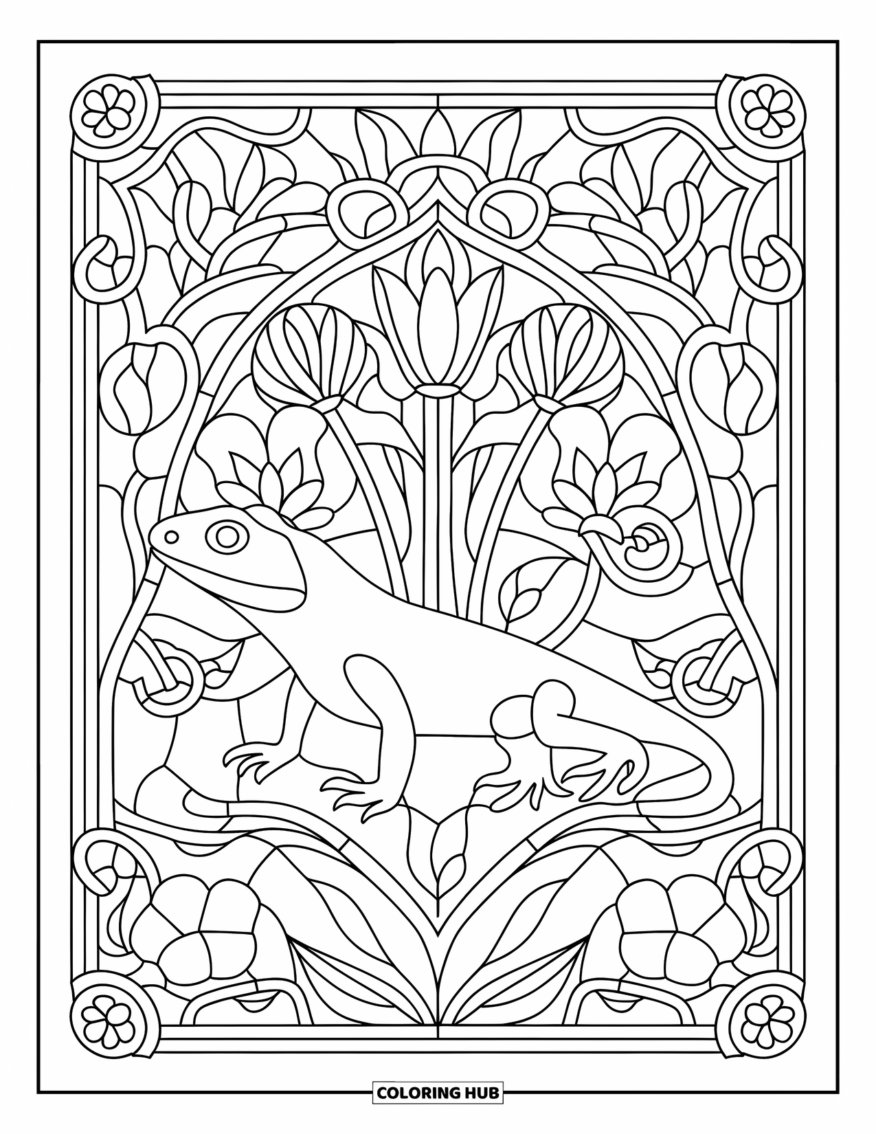 Lizard Coloring Page for Adults: A still lizard sits in a stained-glass pattern with jungle flowers and vines