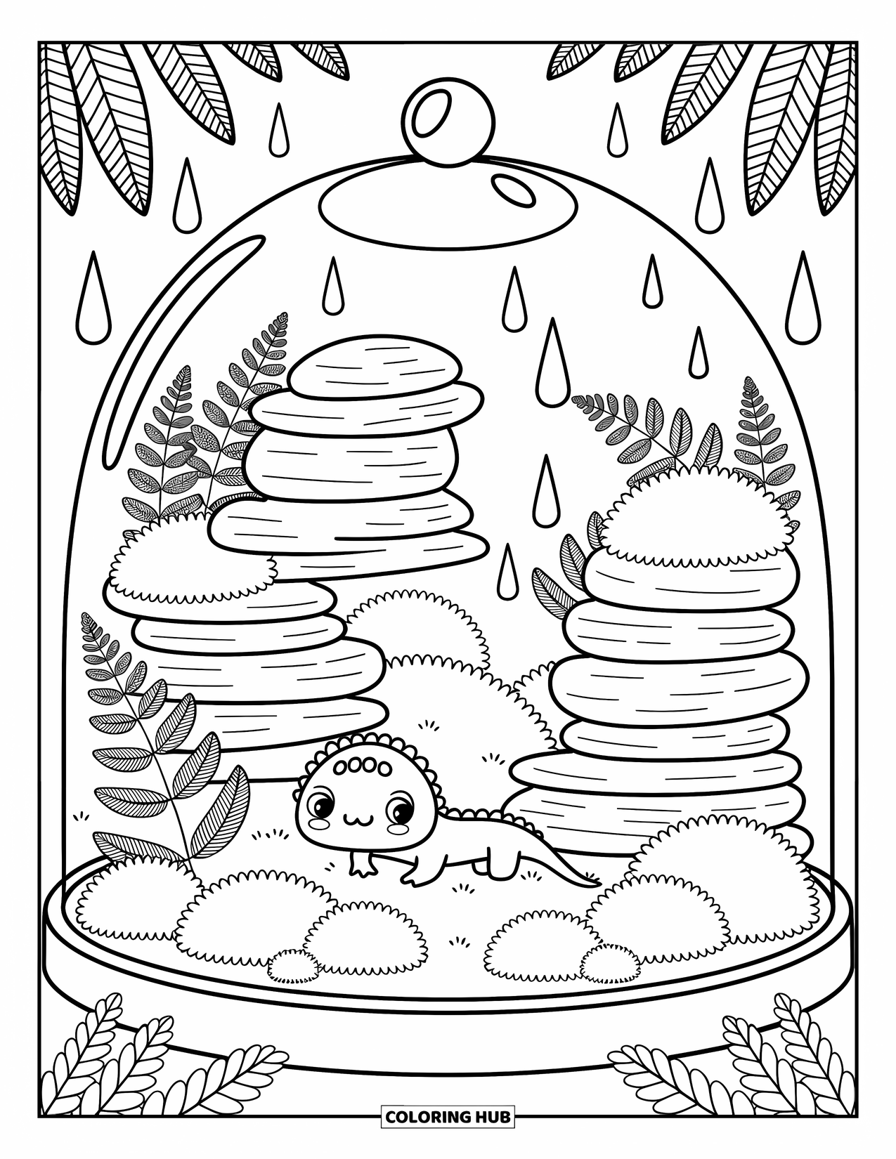 Lizard Coloring Page for Adults: A tiny lizard crawls inside a cozy terrarium with ferns and hanging droplets
