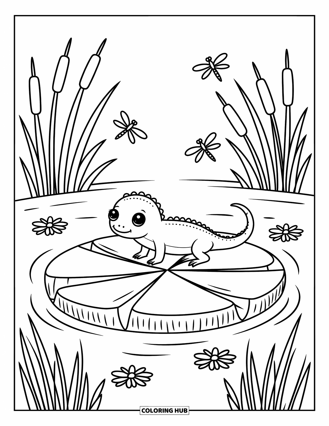 Lizard Coloring Page for Adults: A tiny lizard crosses a lily pad near cattails, flowers, and flying dragonflies