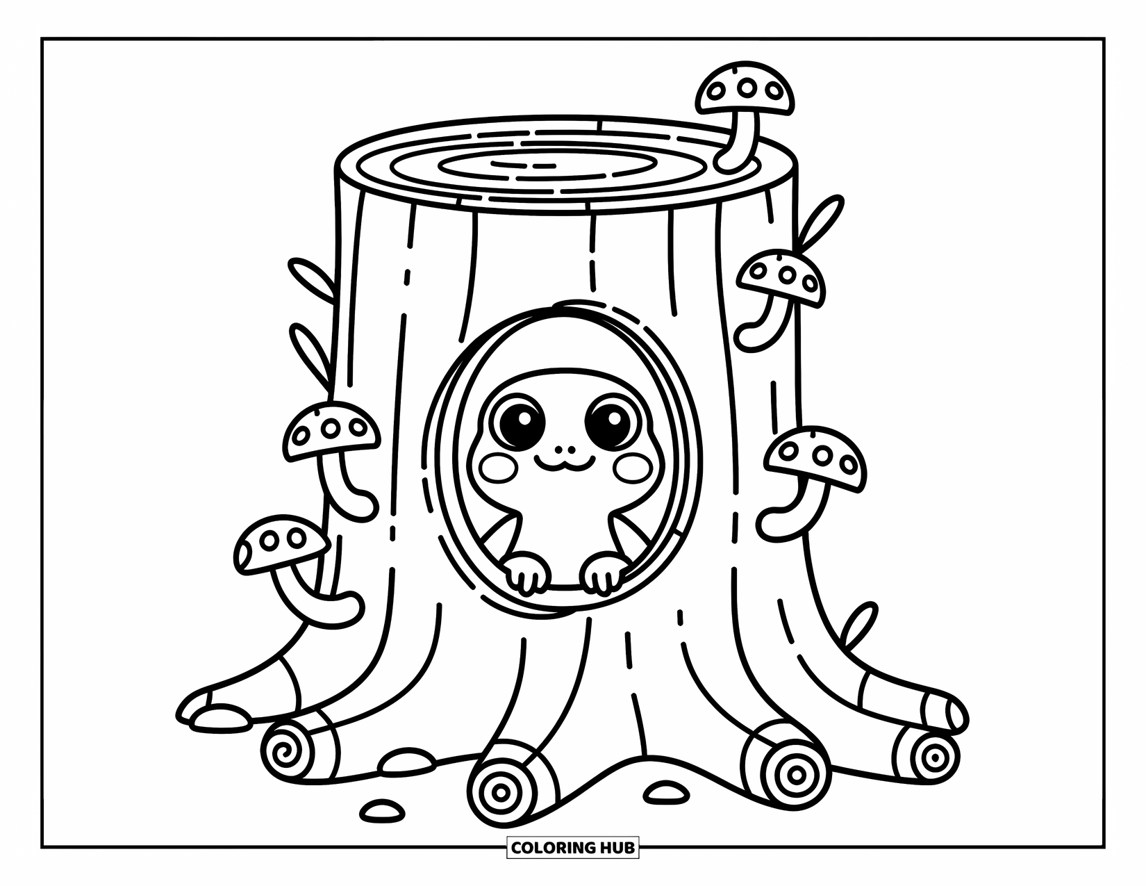 Lizard Coloring Page for Adults: A tiny lizard peeks into a whimsical stump with mushrooms and curly bark