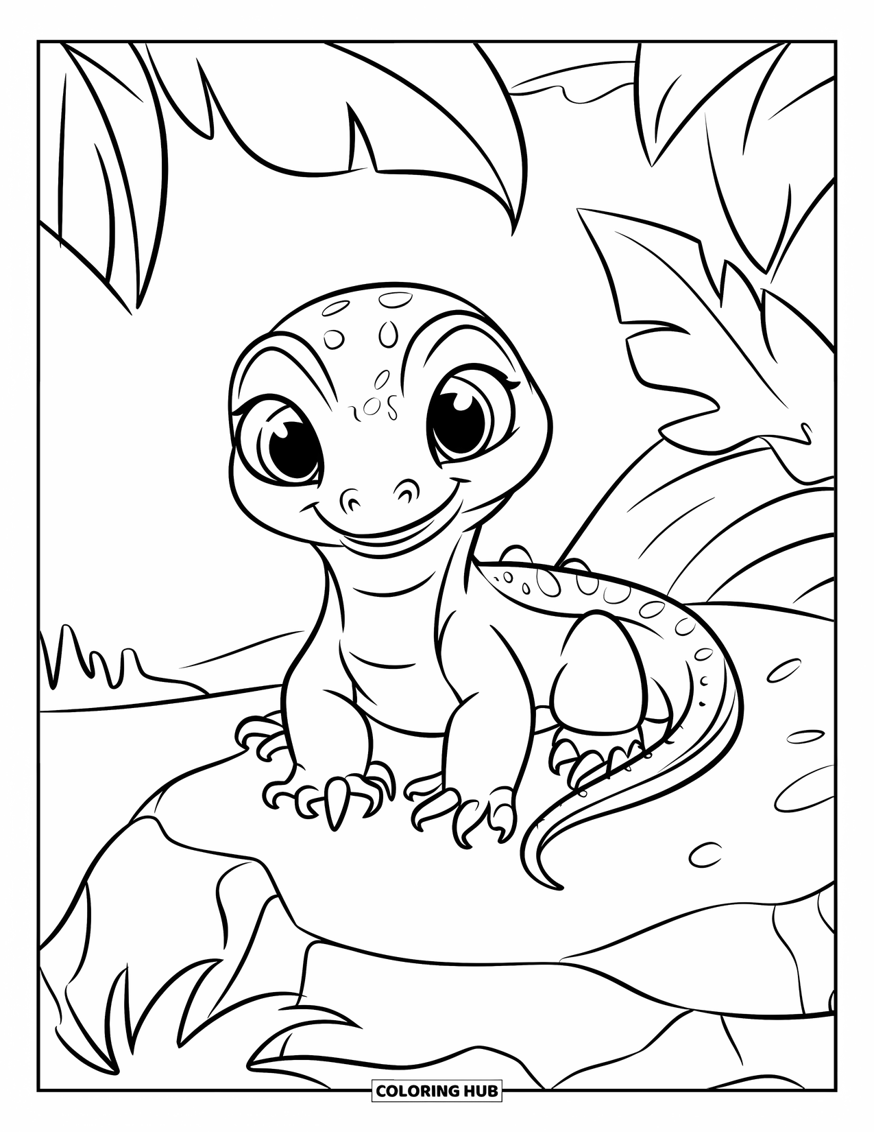 Lizard Coloring Page for Kids: A baby lizard with tiny claws rests on a rock in the forest