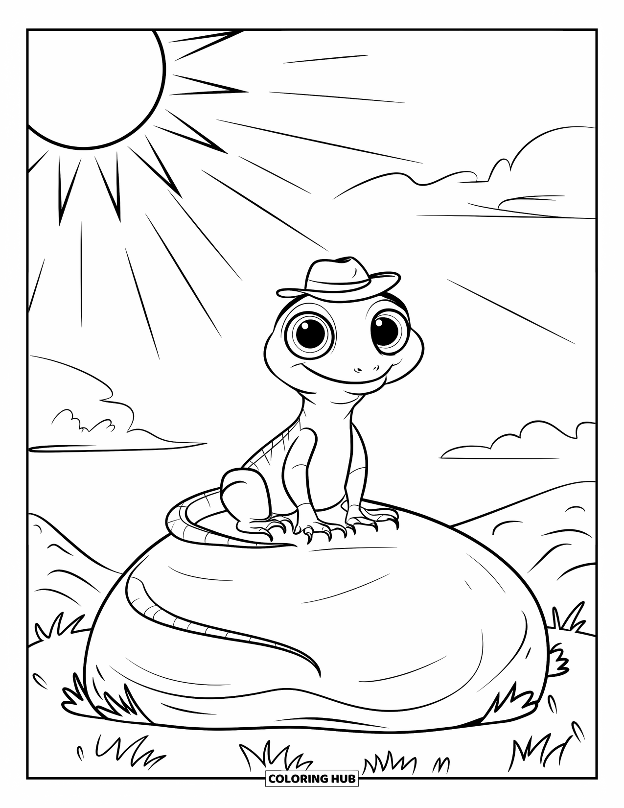 Lizard Coloring Page for Kids: A big-eyed lizard in a tiny hat relaxes on a grassy rock