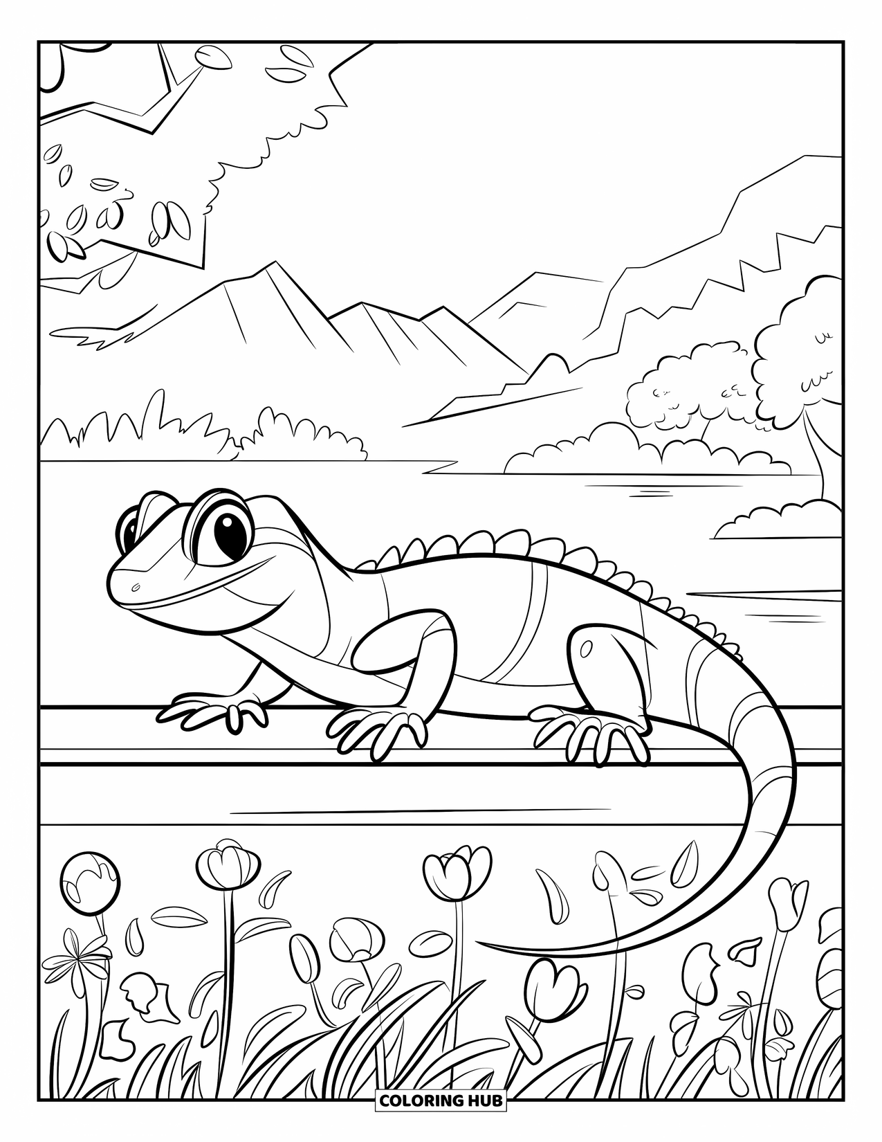 Lizard Coloring Page for Kids: A calm lizard sits on a ledge above blooming flowers and trees
