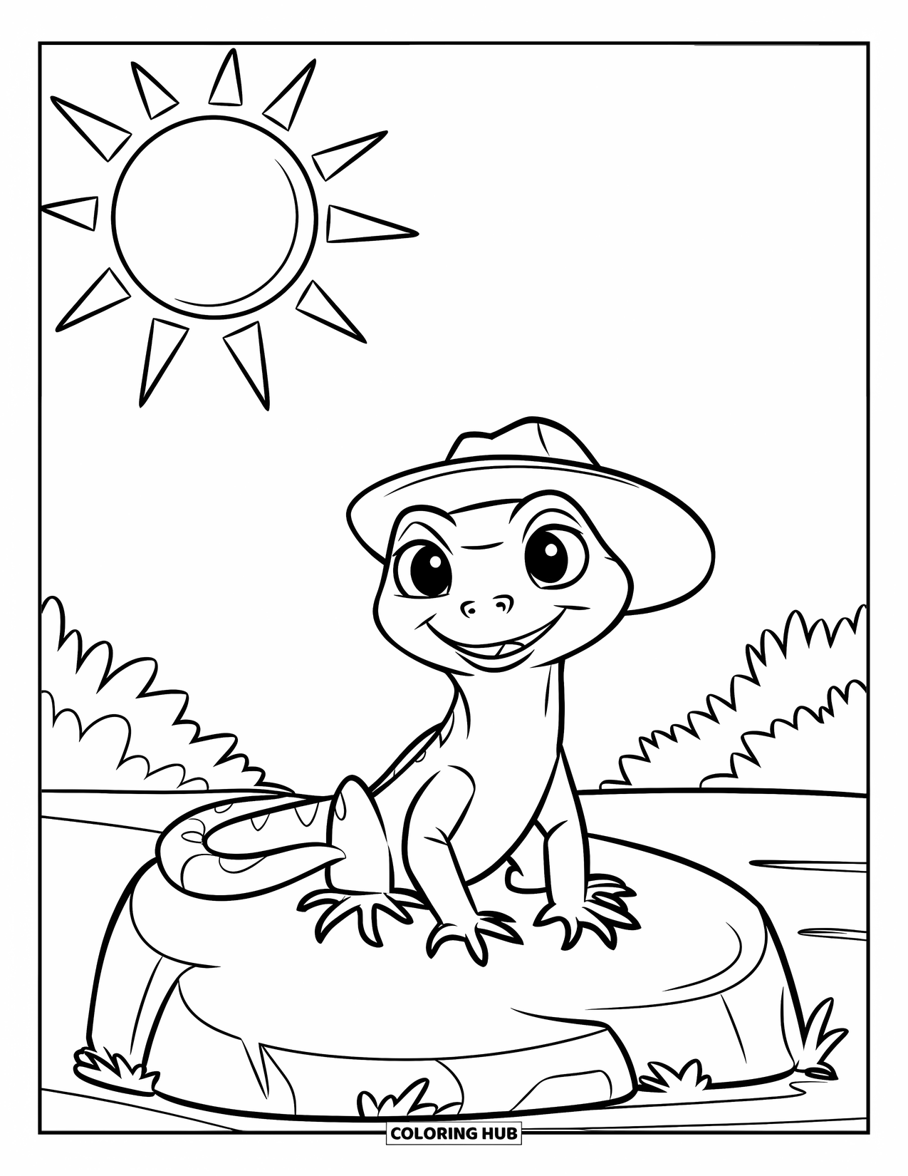Lizard Coloring Page for Kids: A cheerful lizard in a hat sits on a sunny rock