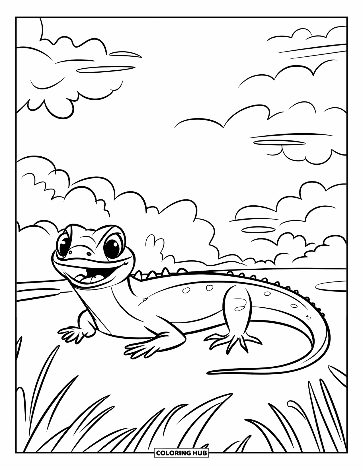 Lizard Coloring Page for Kids: A cheerful lizard lies in the grass under a sky with fluffy clouds