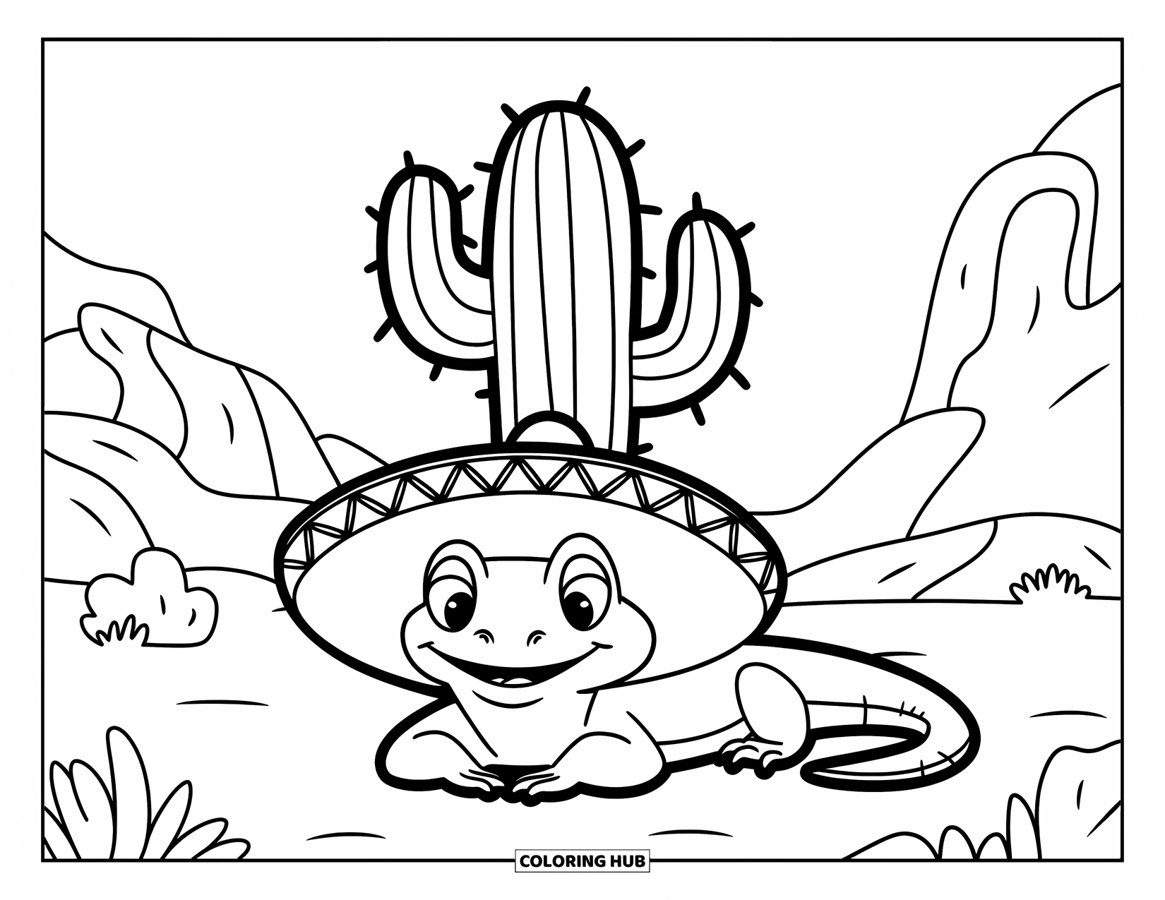Lizard Coloring Page for Kids: A cheerful lizard rests beside a small cactus in the desert