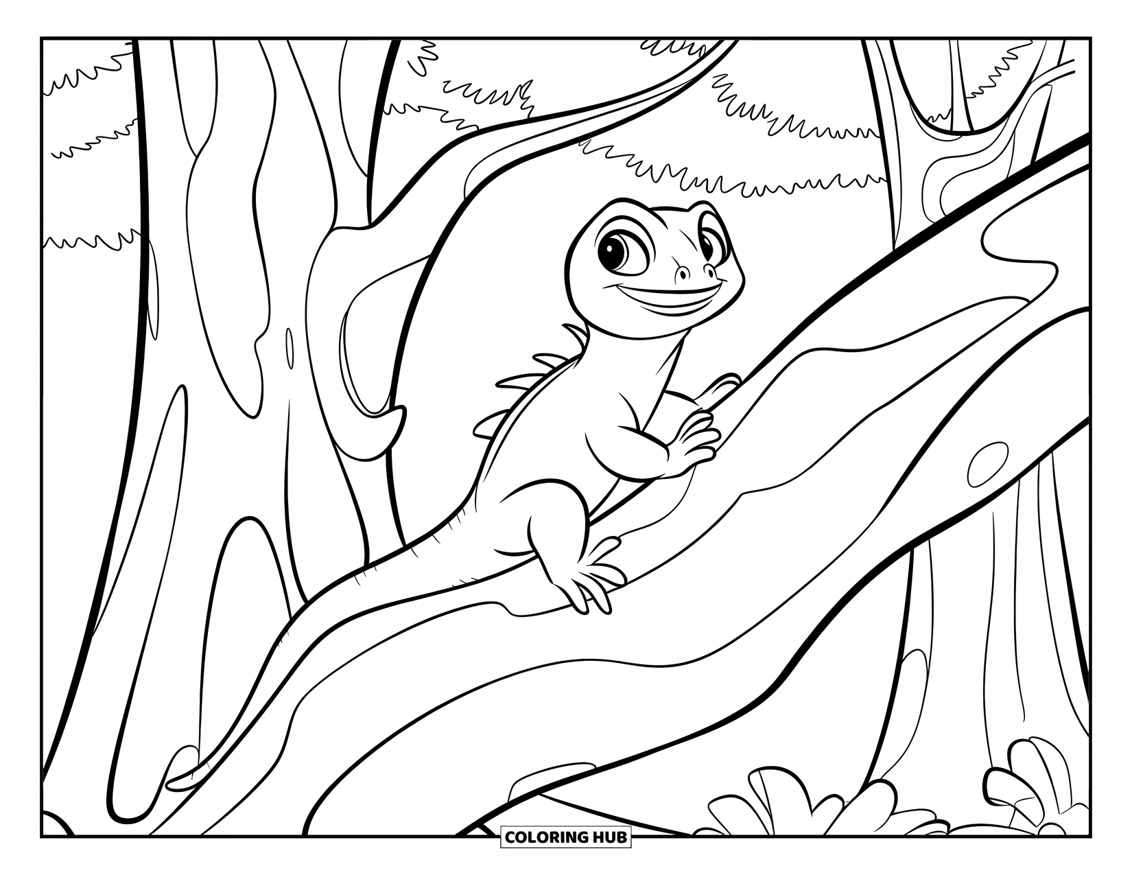 Lizard Coloring Page for Kids: A cheerful lizard with big eyes climbs a chunky branch in the forest