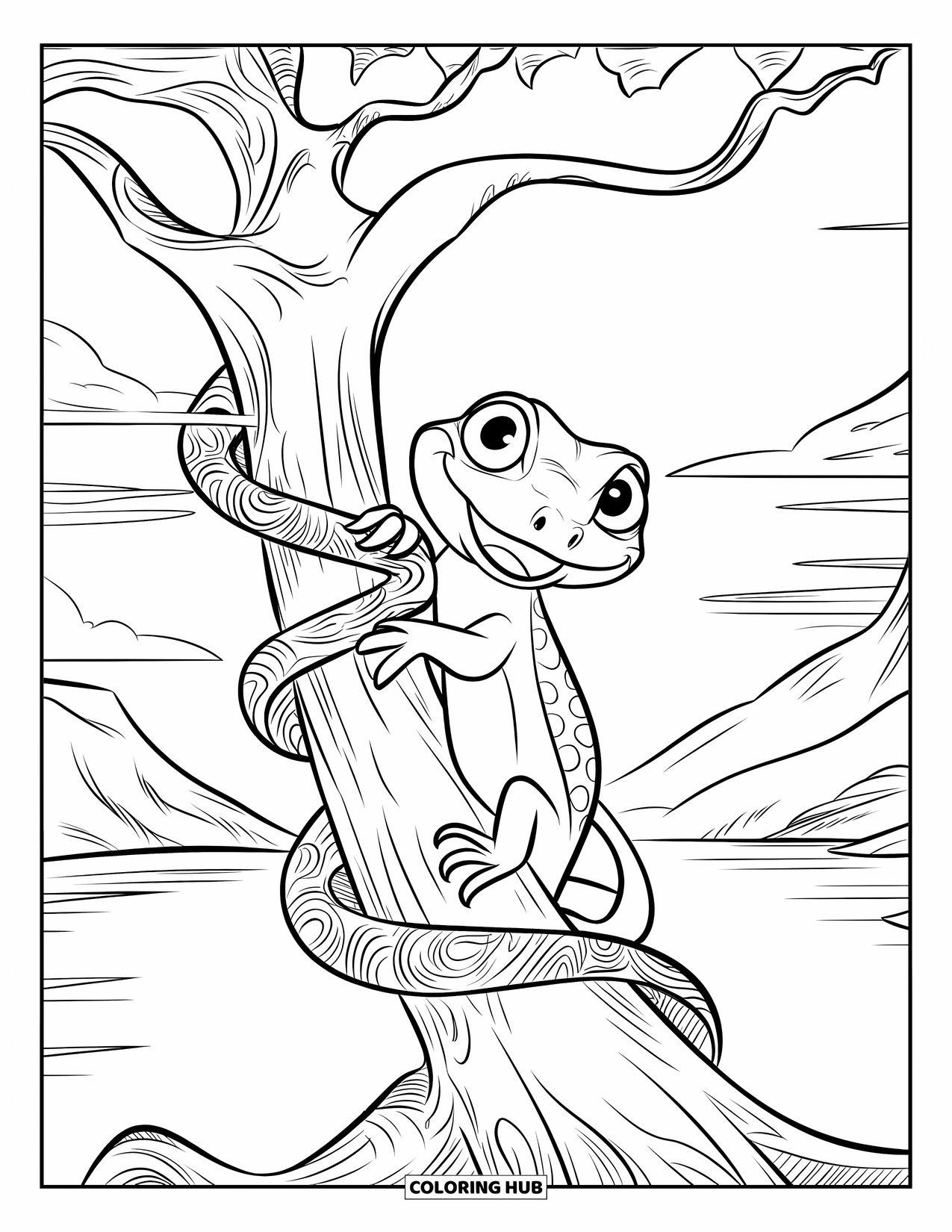 Lizard Coloring Page for Kids: A curious lizard climbs a tree wrapped in spiraling vines