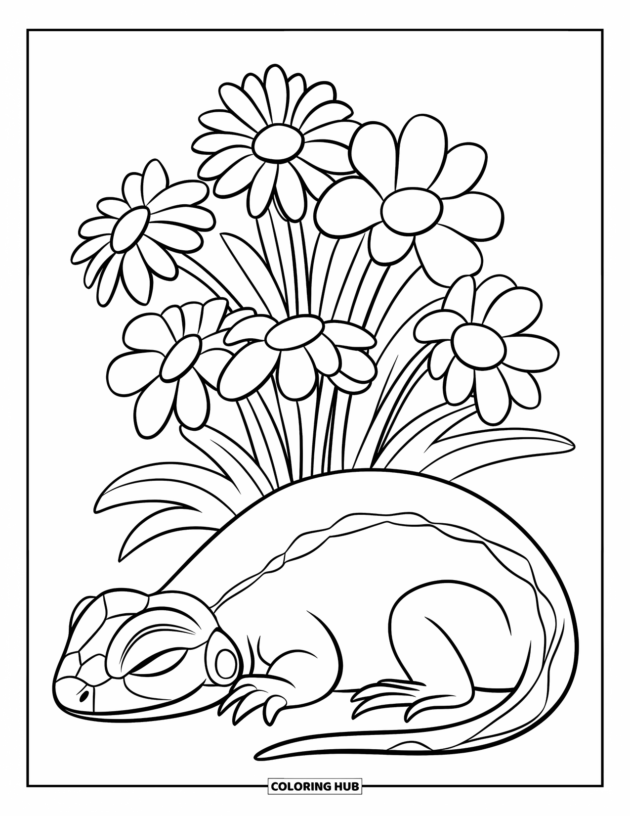 Lizard Coloring Page for Kids: A curled-up lizard sleeps beside wildflowers in a calm, open space