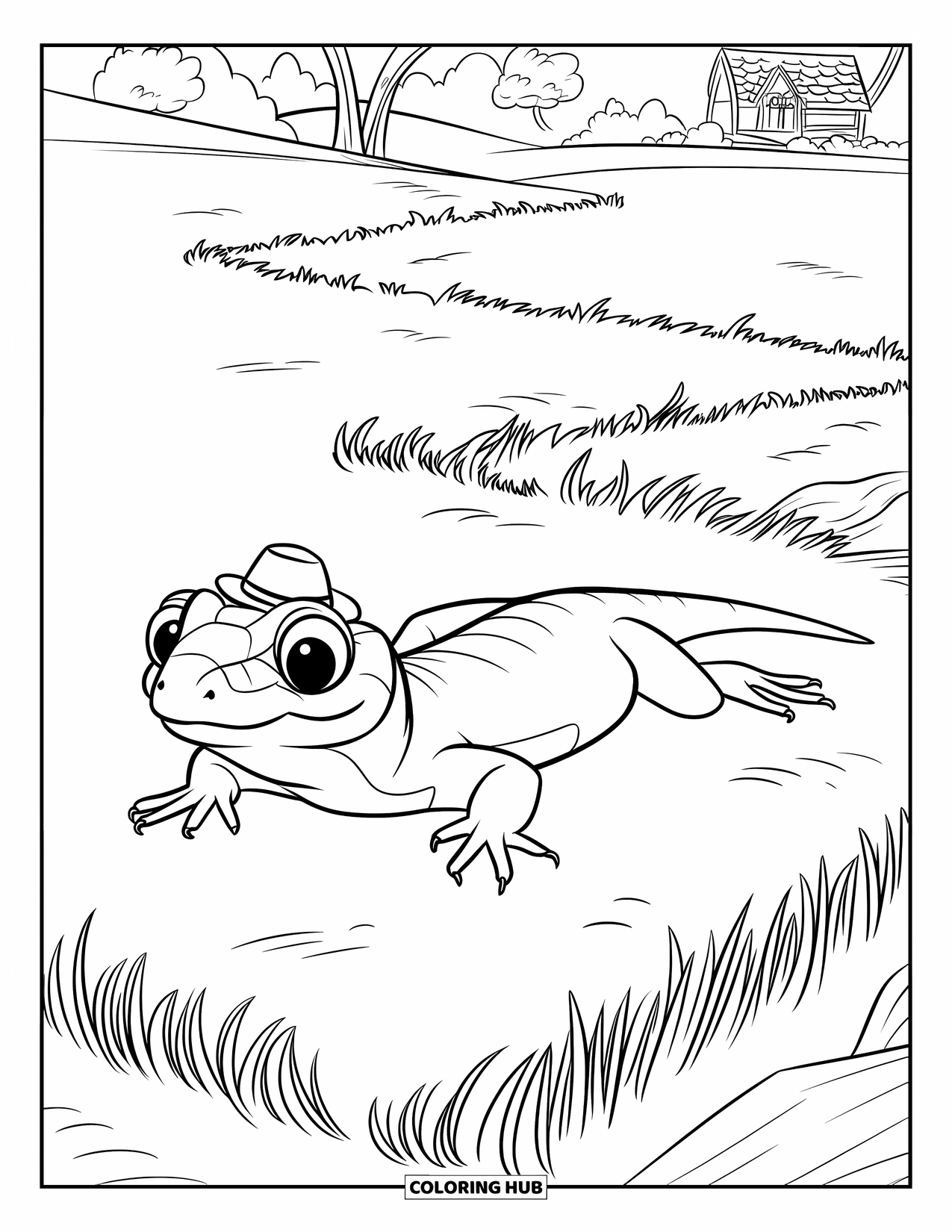 Lizard Coloring Page for Kids: A cute lizard in a hat relaxes on the grass near a cozy cottage