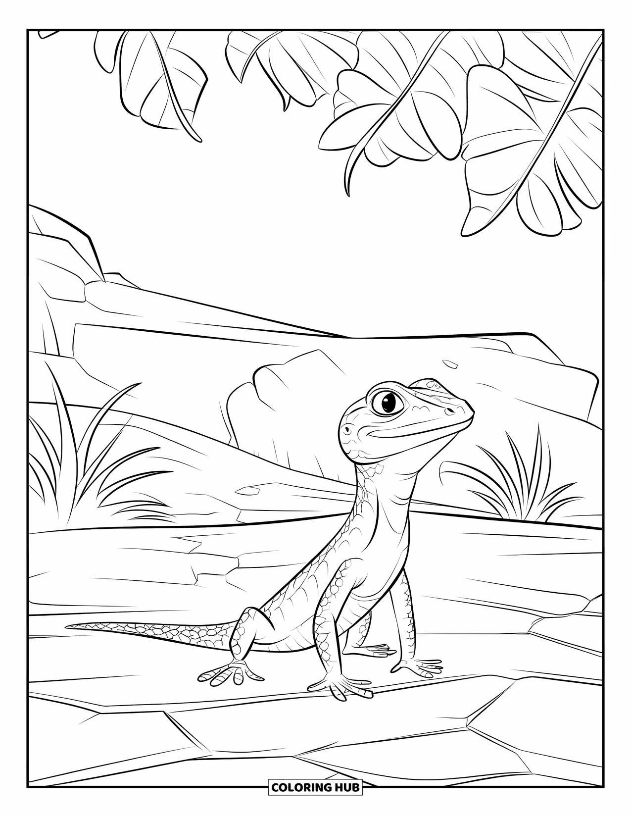 Lizard Coloring Page for Kids: A focused lizard stands still on cracked terrain in the desert