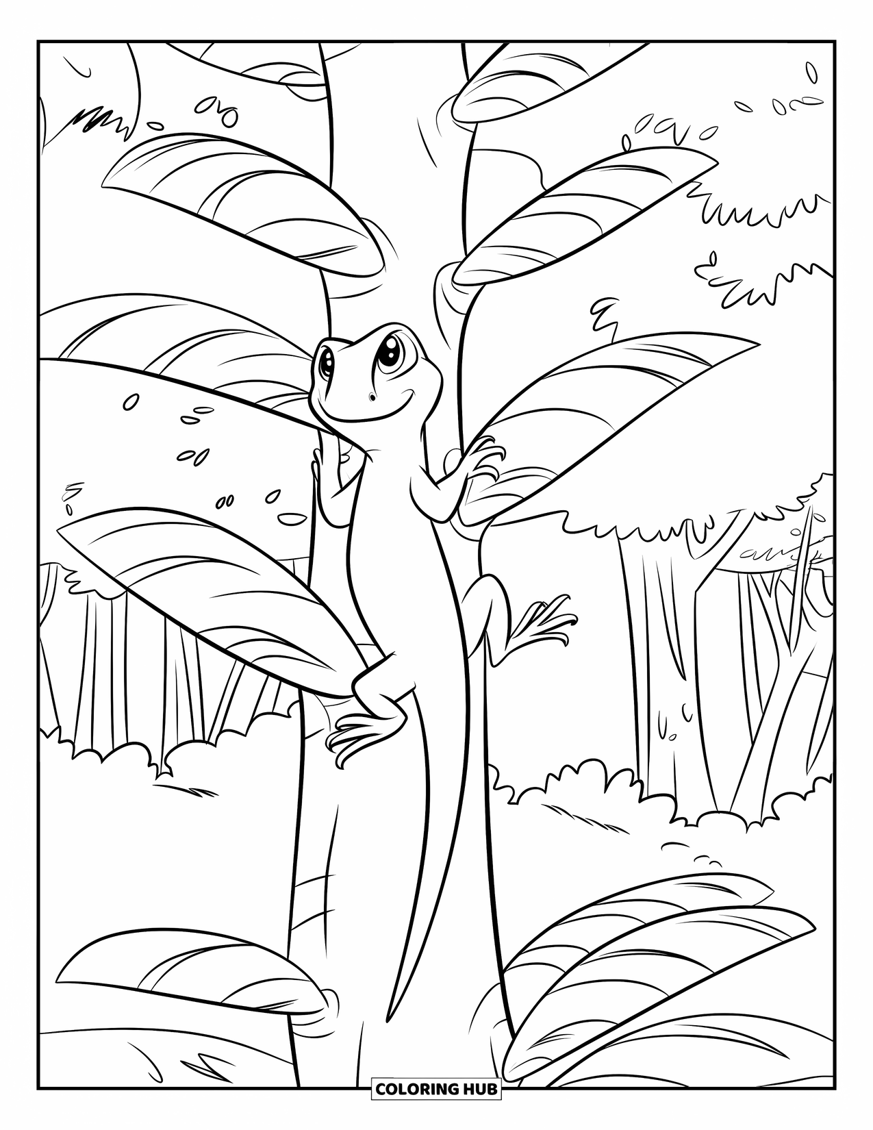 Lizard Coloring Page for Kids: A green lizard climbs upward through a thick forest of trees