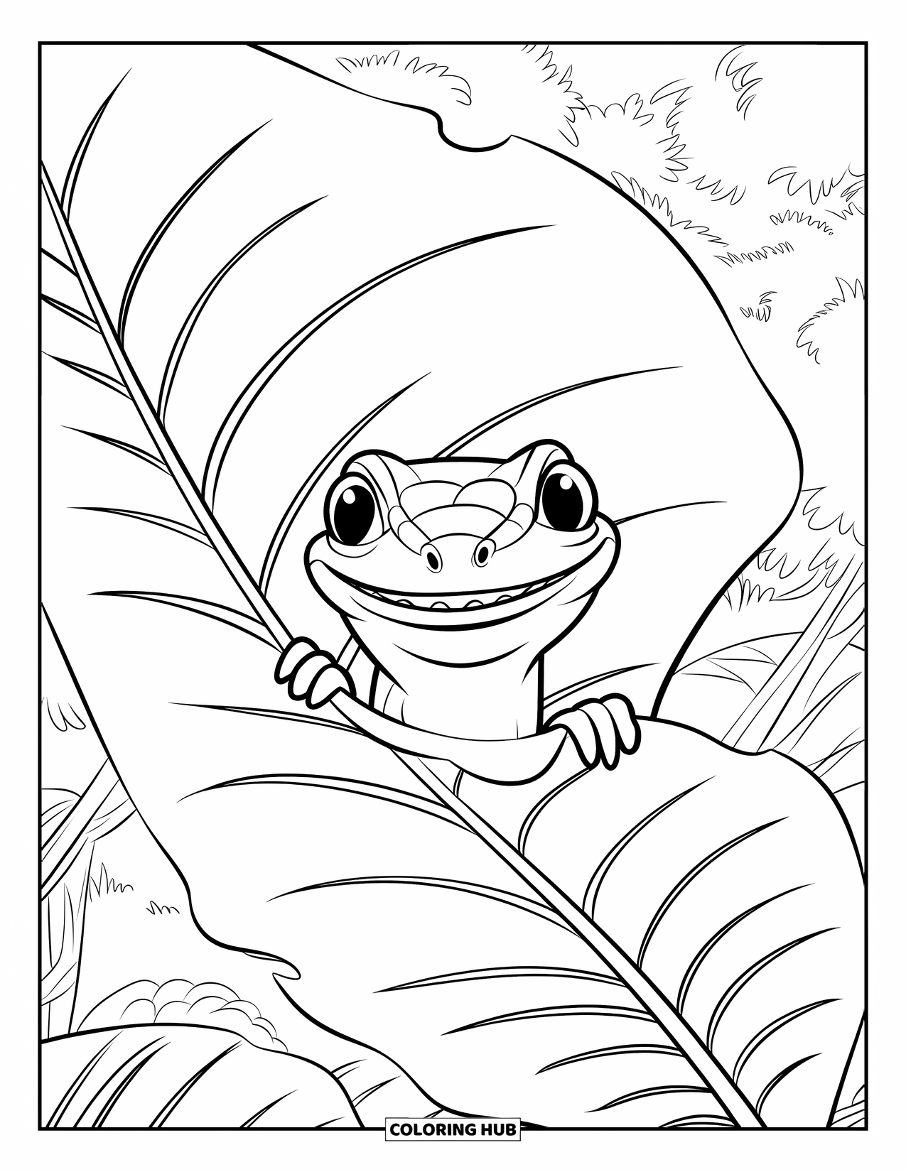 Lizard Coloring Page for Kids: A grinning lizard peeks out from a large, veined leaf