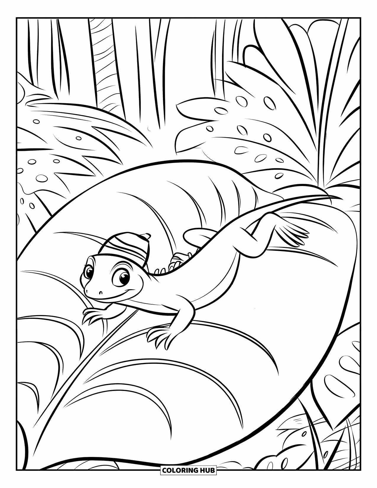 Lizard Coloring Page for Kids: A happy lizard in a tiny hat crawls across a big leafy surface