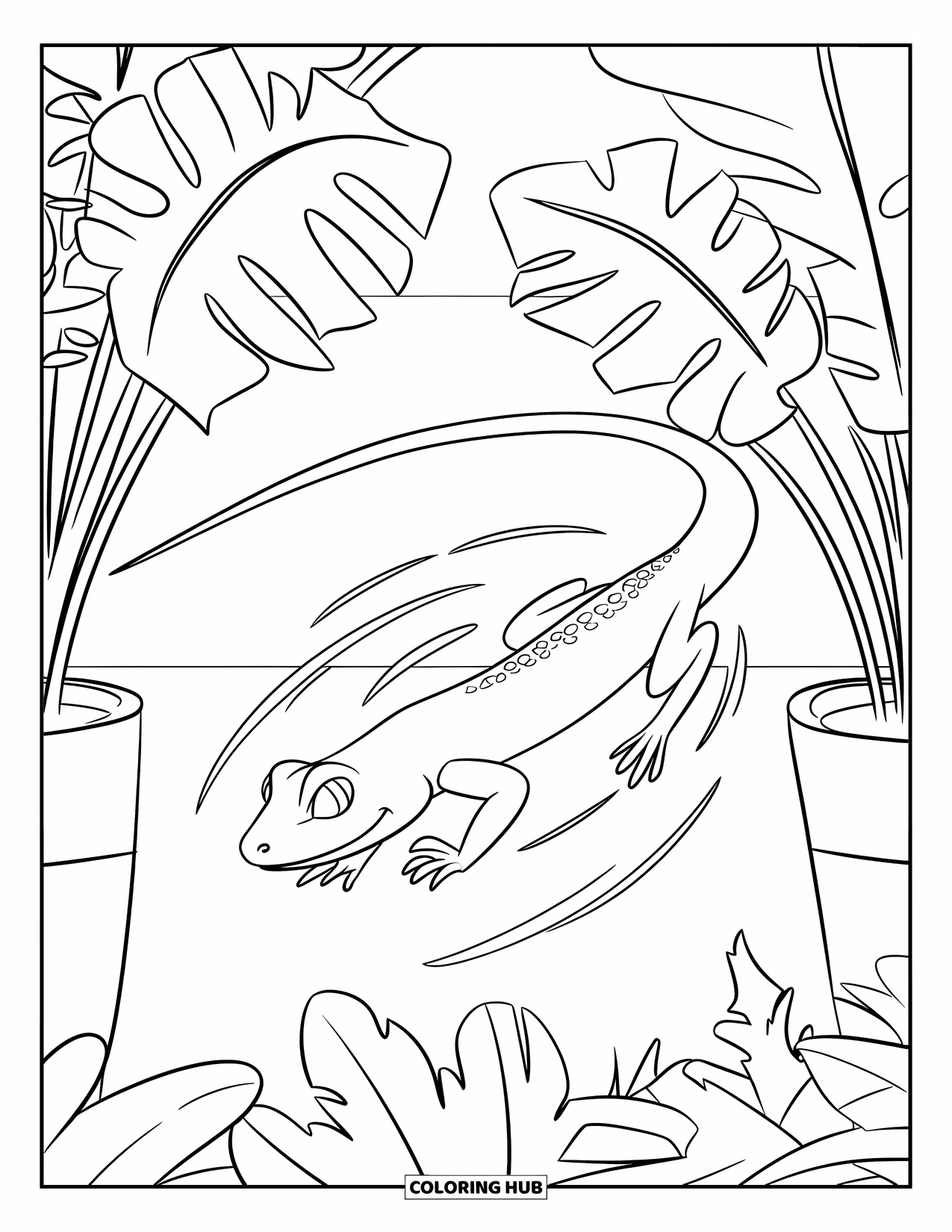Lizard Coloring Page for Kids: A lizard races past tropical plants in a cozy corner
