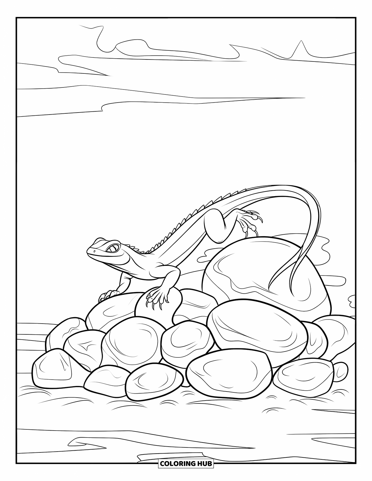 Lizard Coloring Page for Kids: A lizard stretches across sunny stones under a bright sky