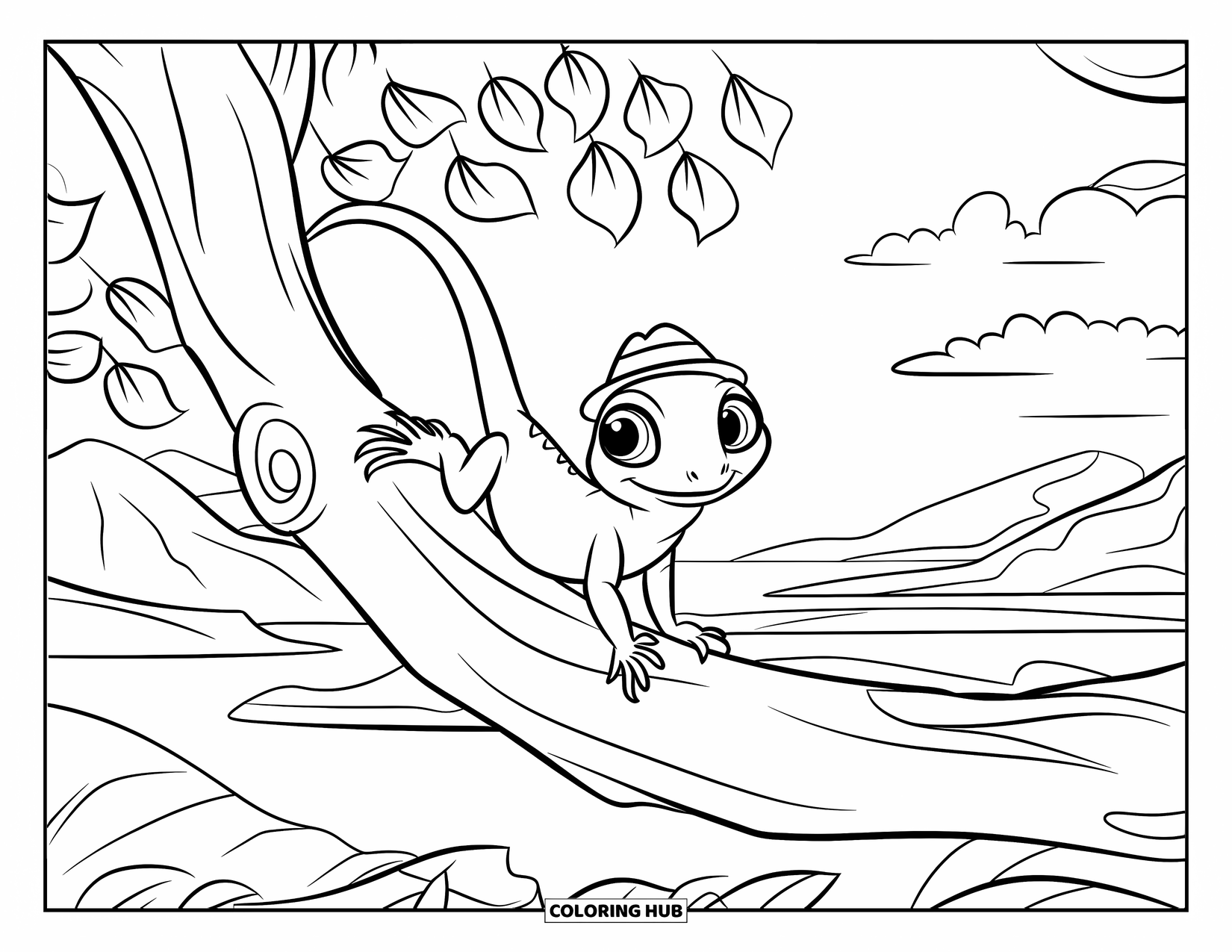 Lizard Coloring Page for Kids: A lizard with a tiny hat climbs a tree in a peaceful forest