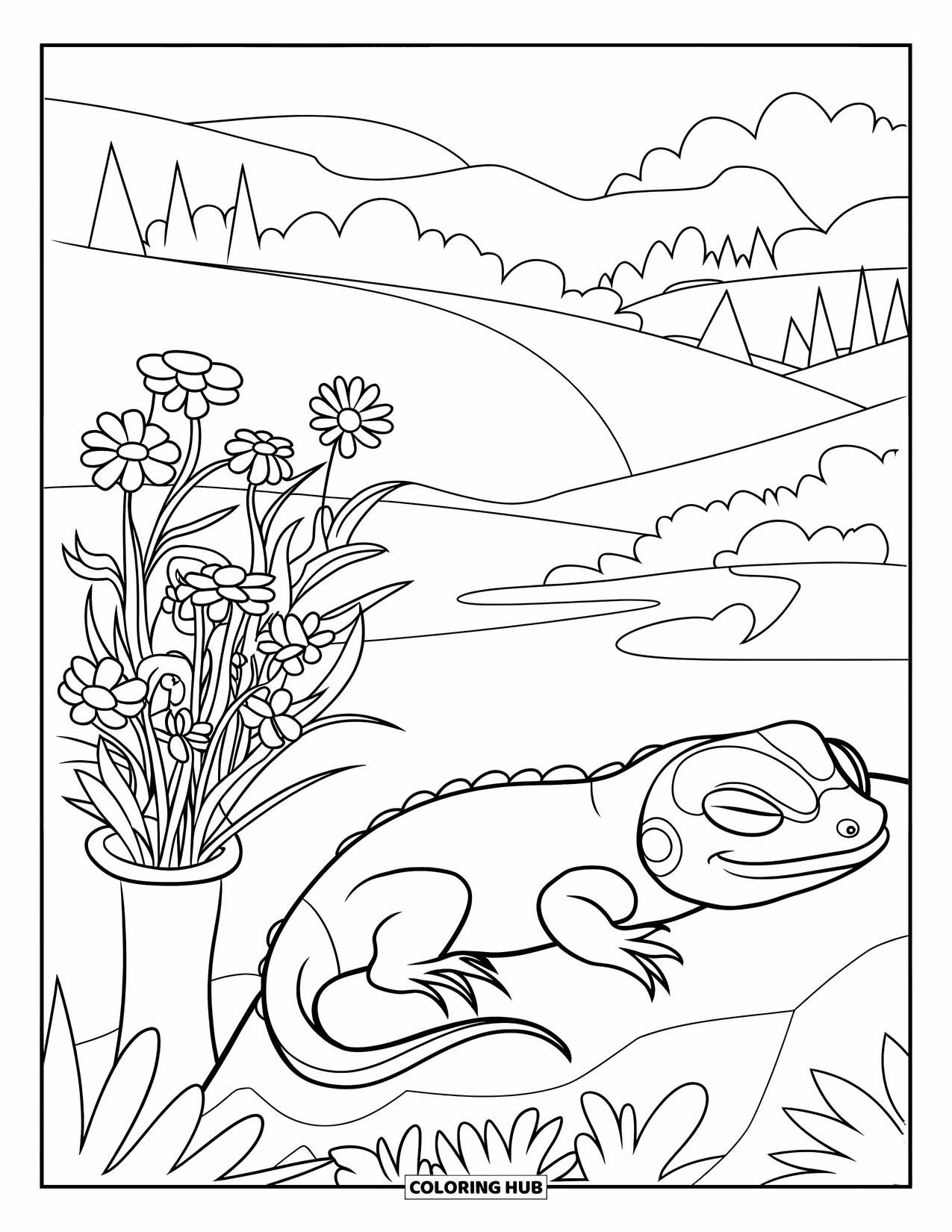 Lizard Coloring Page for Kids: A lizard with closed eyes rests near wildflowers in a gentle, hilly landscape