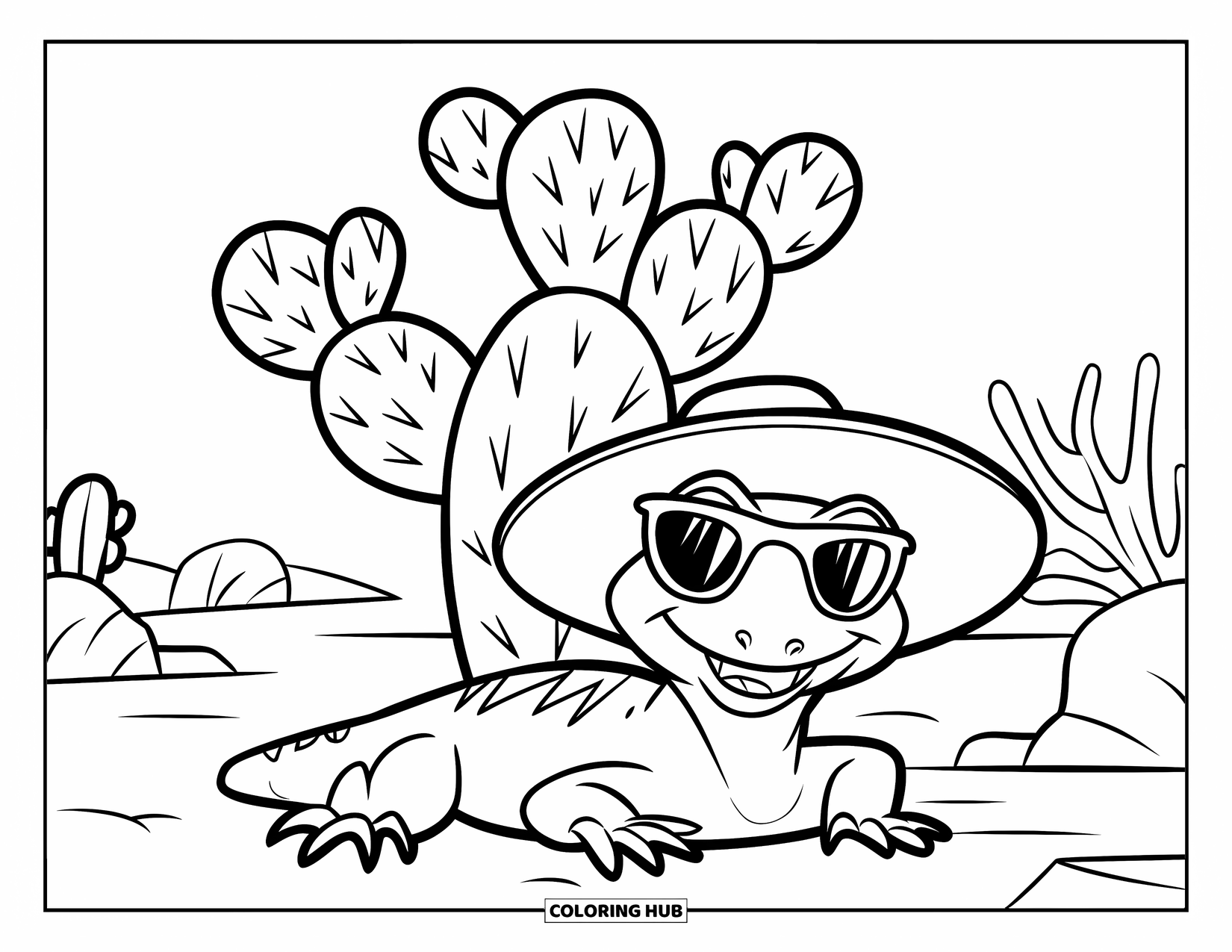 Lizard Coloring Page for Kids: A lizard with sunglasses chills beside a cactus under the desert sun