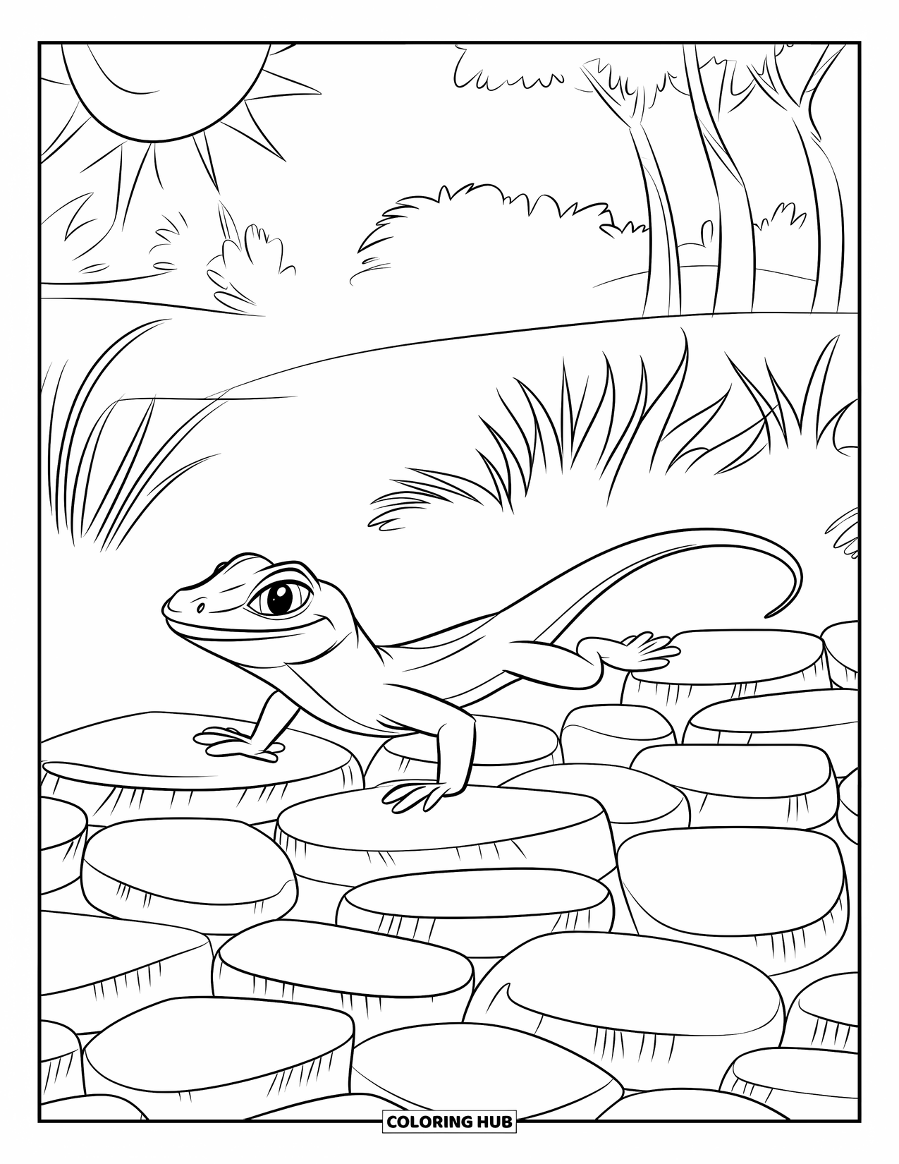 Lizard Coloring Page for Kids: A long lizard crawls over smooth rocks in a sunny meadow