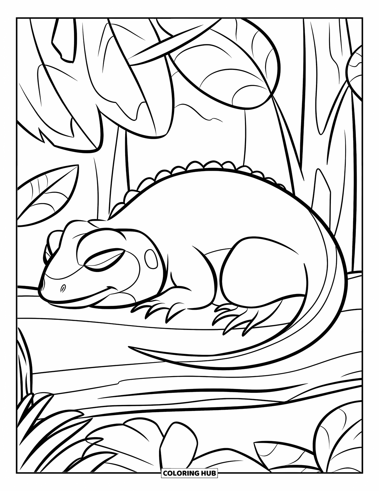 Lizard Coloring Page for Kids: A peaceful lizard naps on a log under leafy trees