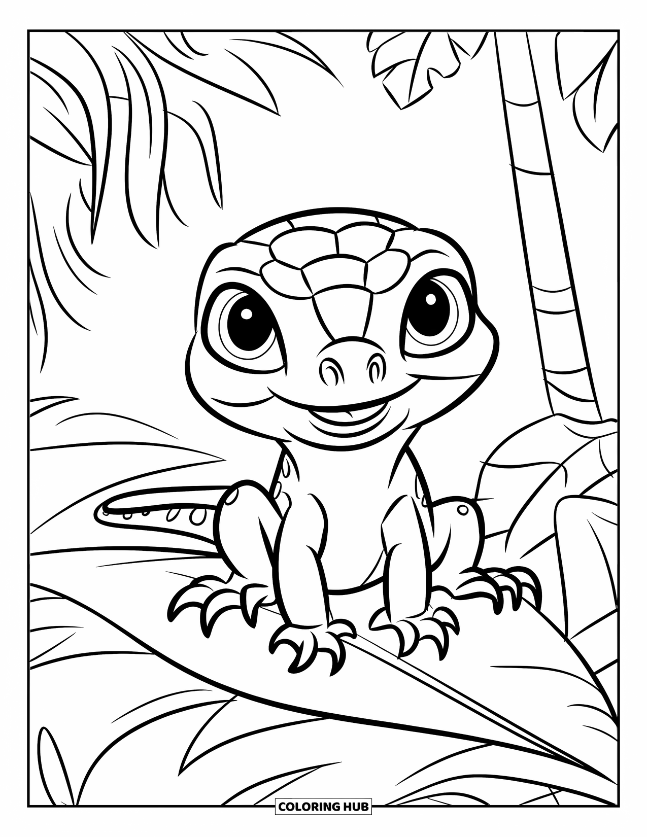 Lizard Coloring Page for Kids: A playful baby lizard with a round belly sits happily on a leafy perch