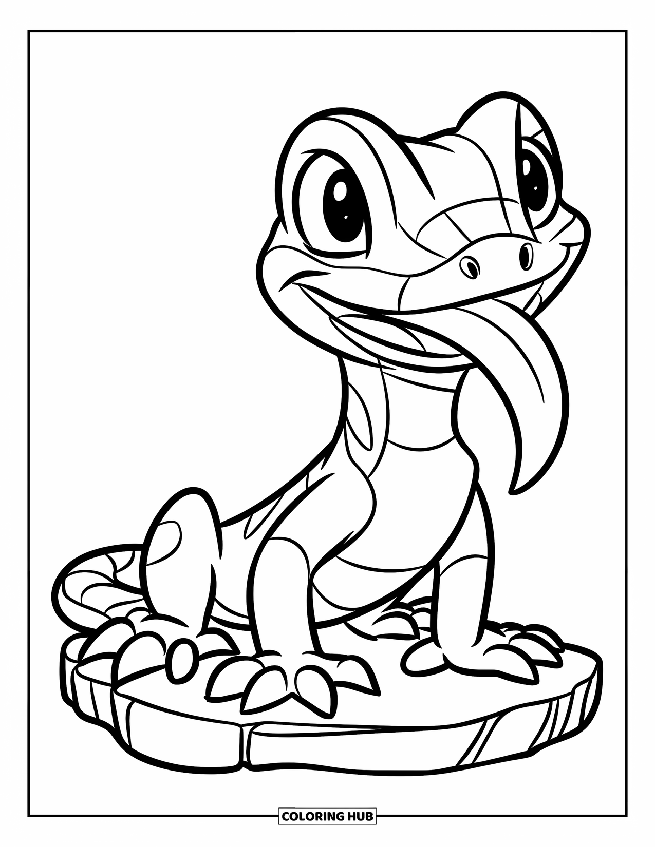 Lizard Coloring Page for Kids: A playful lizard sticks out its tongue while sitting on a flat stone