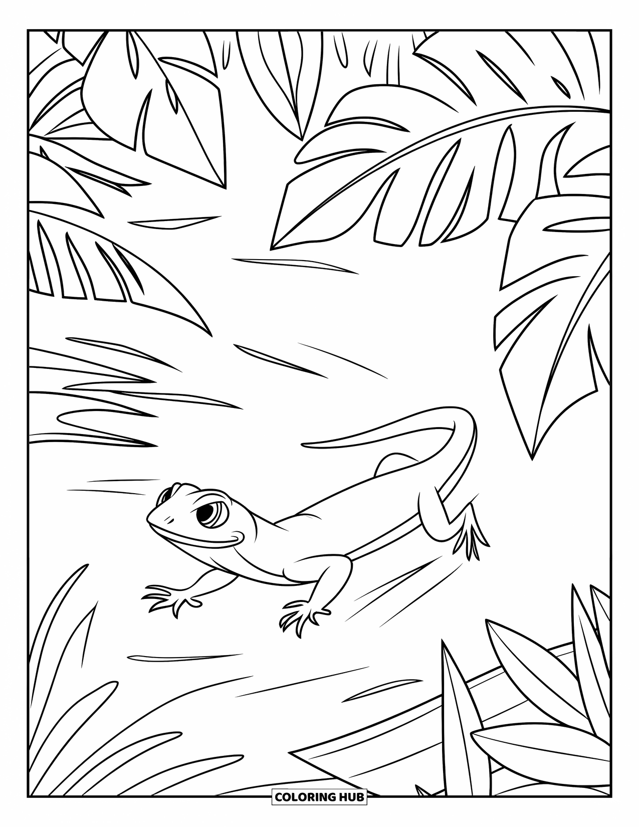 Lizard Coloring Page for Kids: A quick lizard scurries through big tropical leaves in a lush jungle