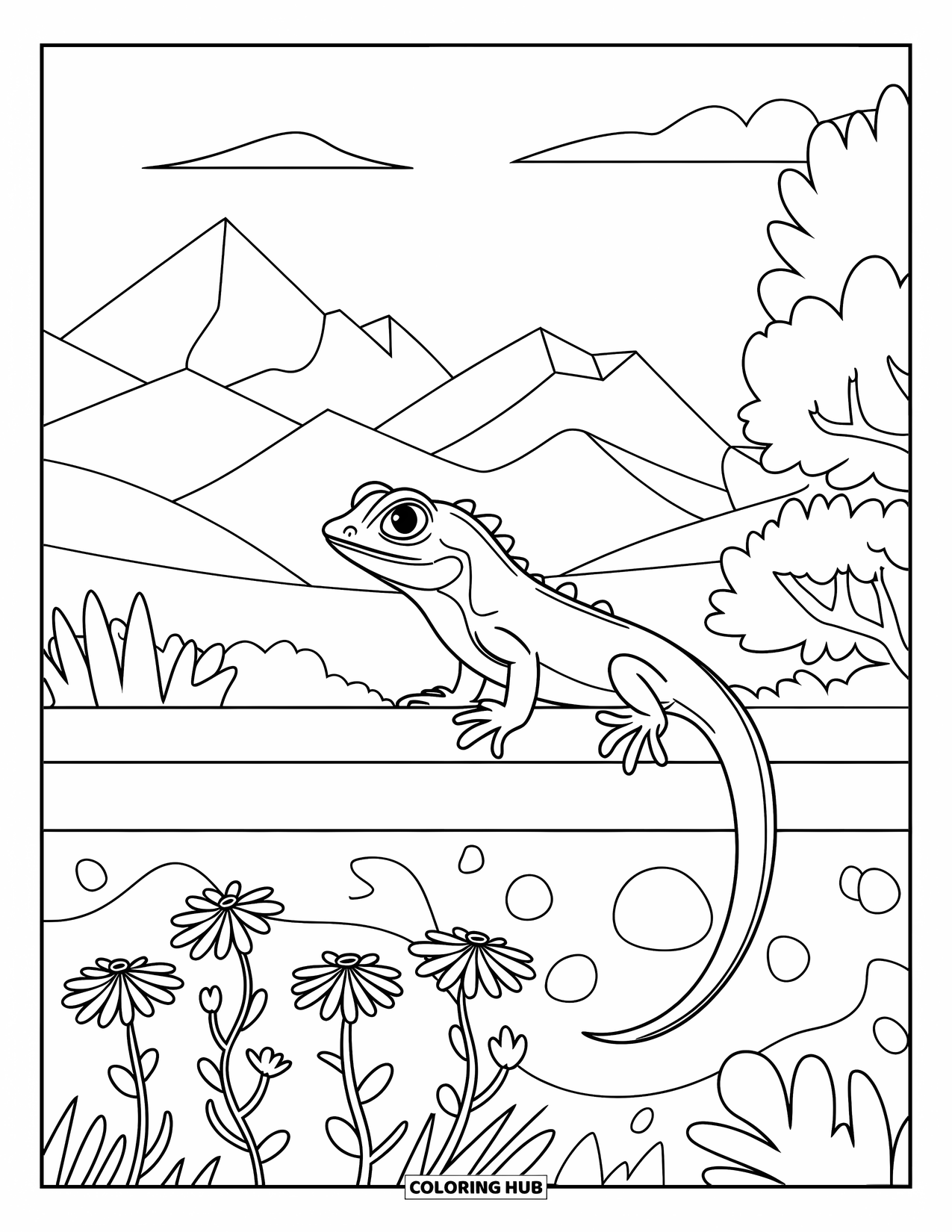 Lizard Coloring Page for Kids: A quiet lizard sits on a ledge above a peaceful landscape and flowers