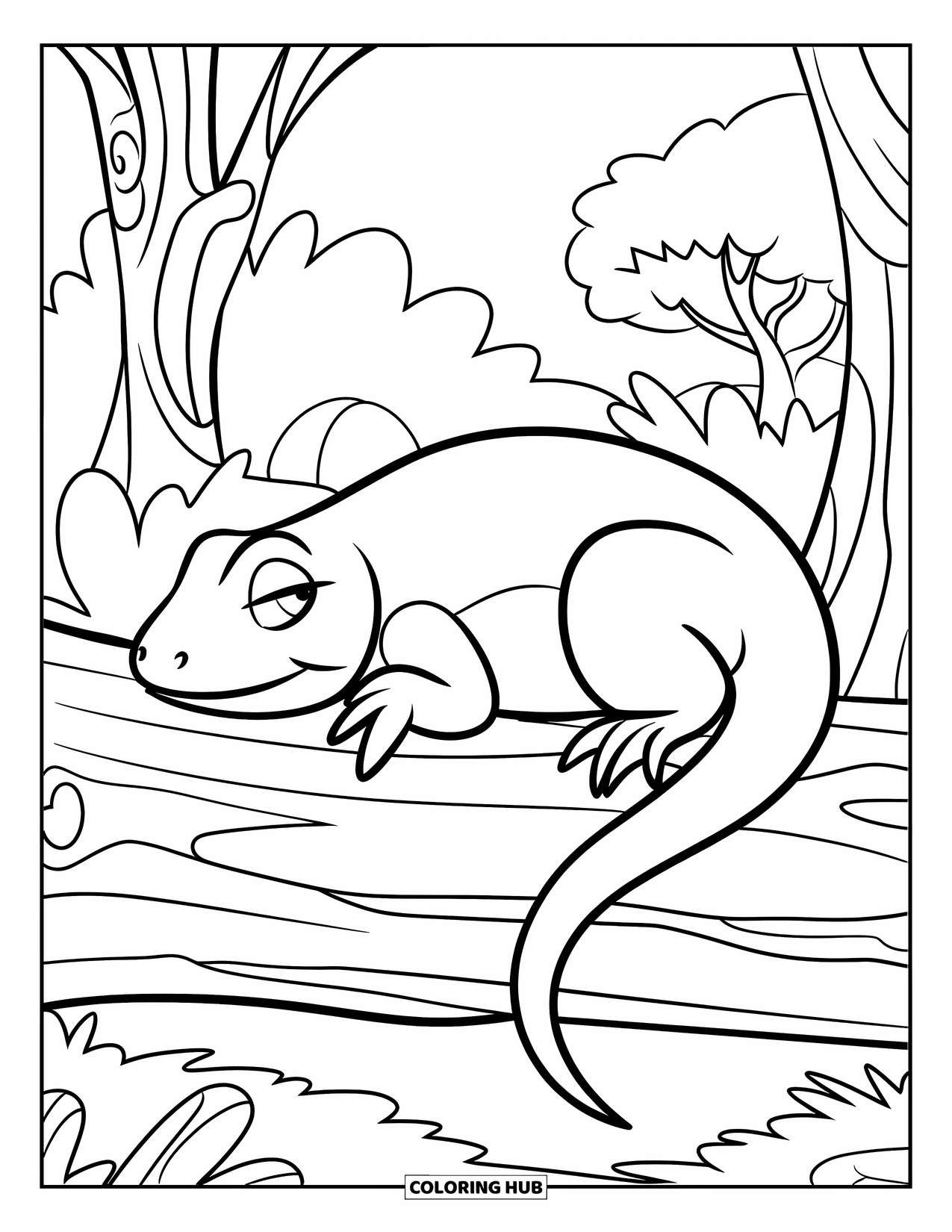 Lizard Coloring Page for Kids: A sleepy lizard curls up on a log in a sunny forest